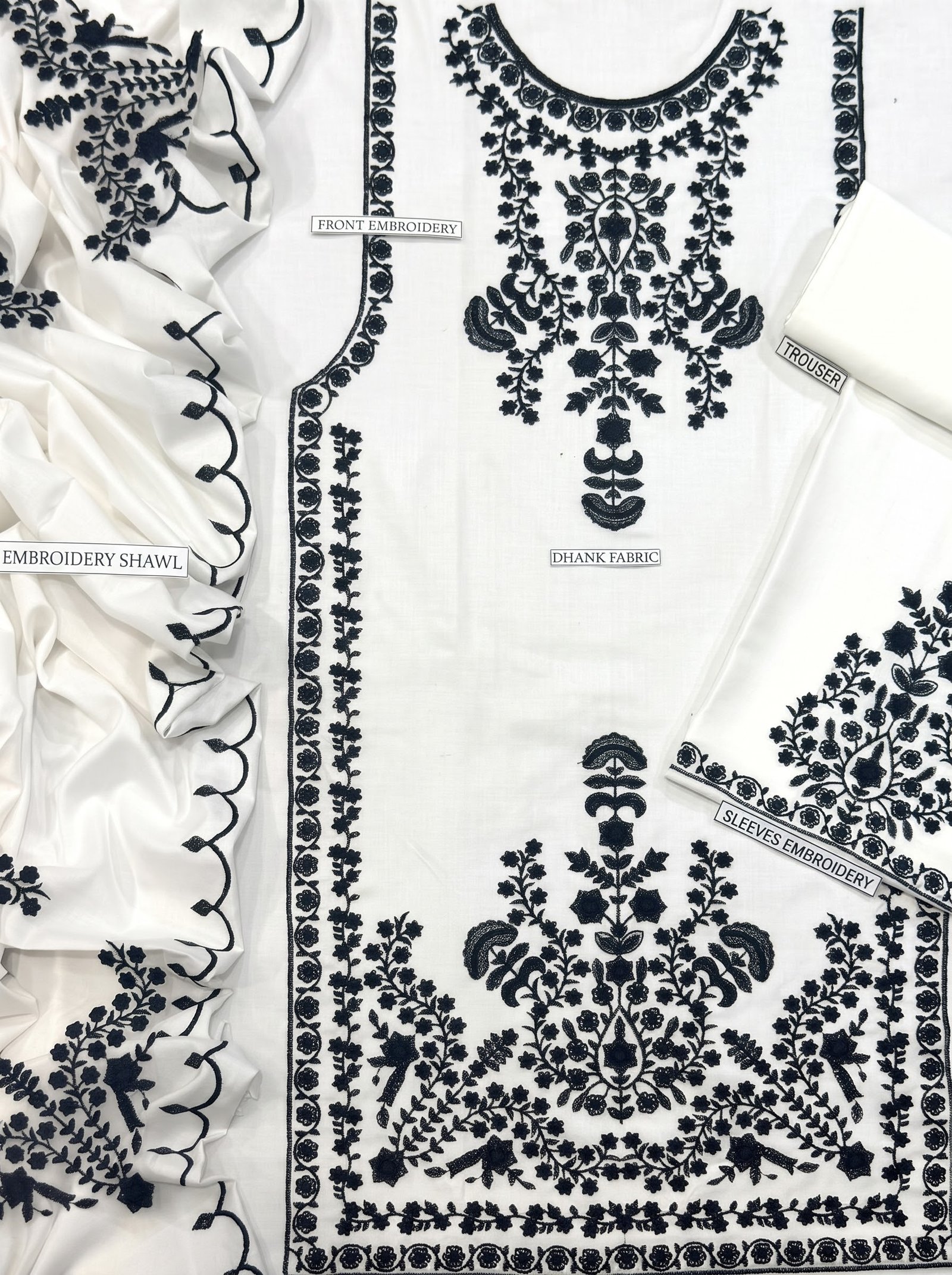 Off White Pure Dhanak 3-Piece Embroidered Dress with Pashmina Wool Shawl Image 3