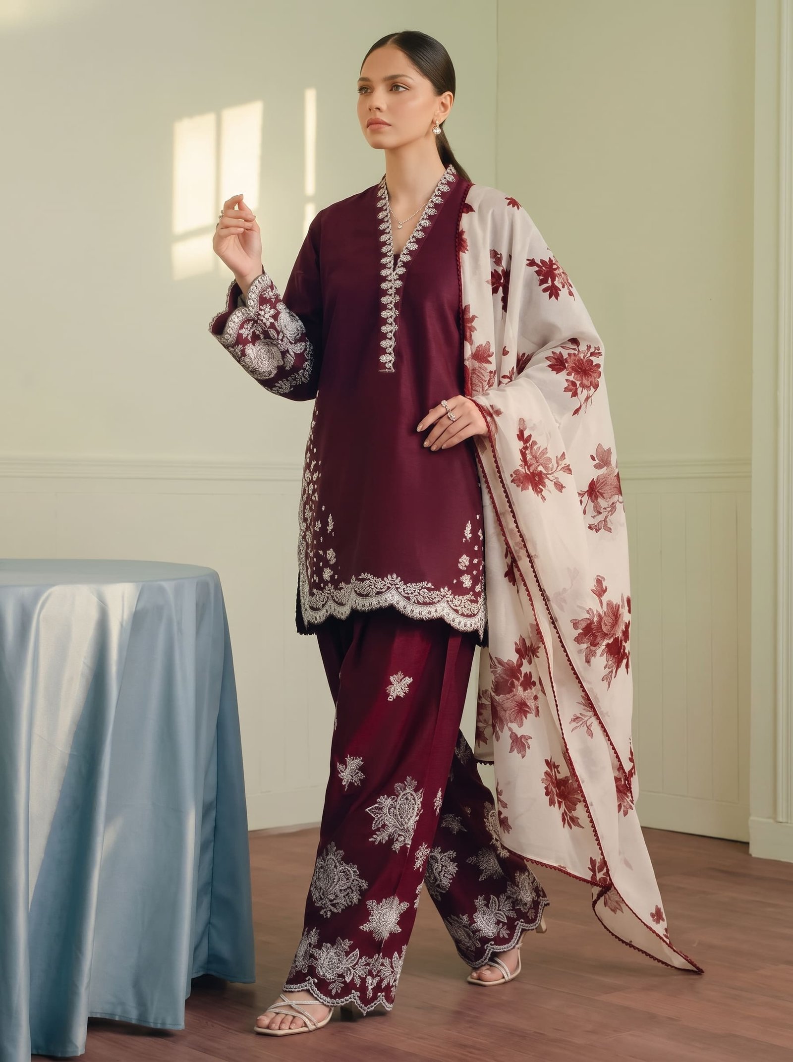 Burgyndy Bliss Pure Dhanak 3-Piece Embroidered Dress with Pashmina Wool Shawl