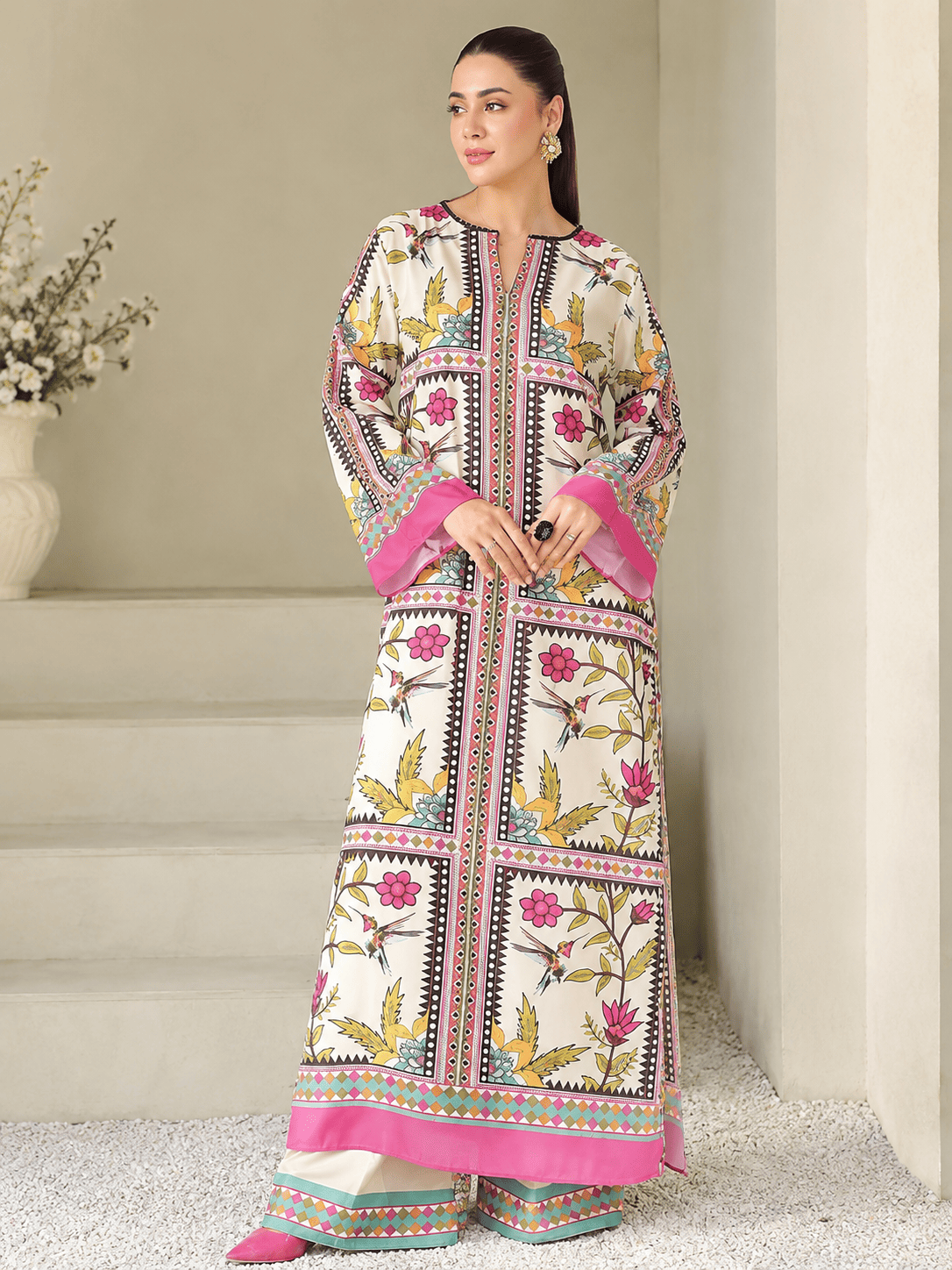 Floral Pink Digital Printed Silk 3 Piece Unstitched Suit 2026 | Premium Silk Collection