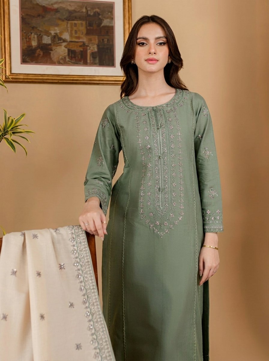 Sage Green Ethnic Pure Dhanak 3-Piece Embroidered Dress with Pashmina Wool Shawl