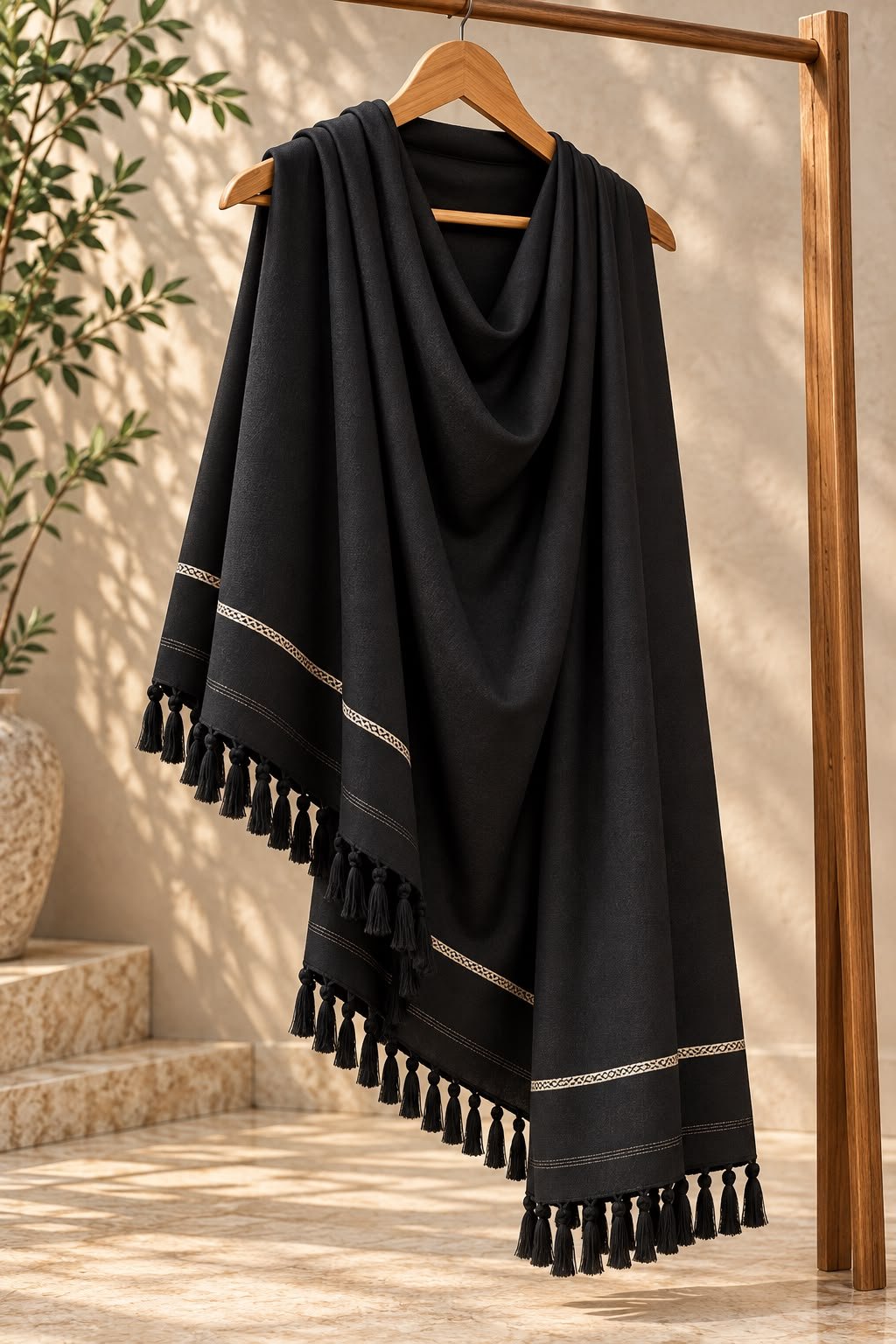 Midnight Noir Premium Soft Wool Ready-to-Wear Winter Shawl – 3 Yard Stitched Shawl