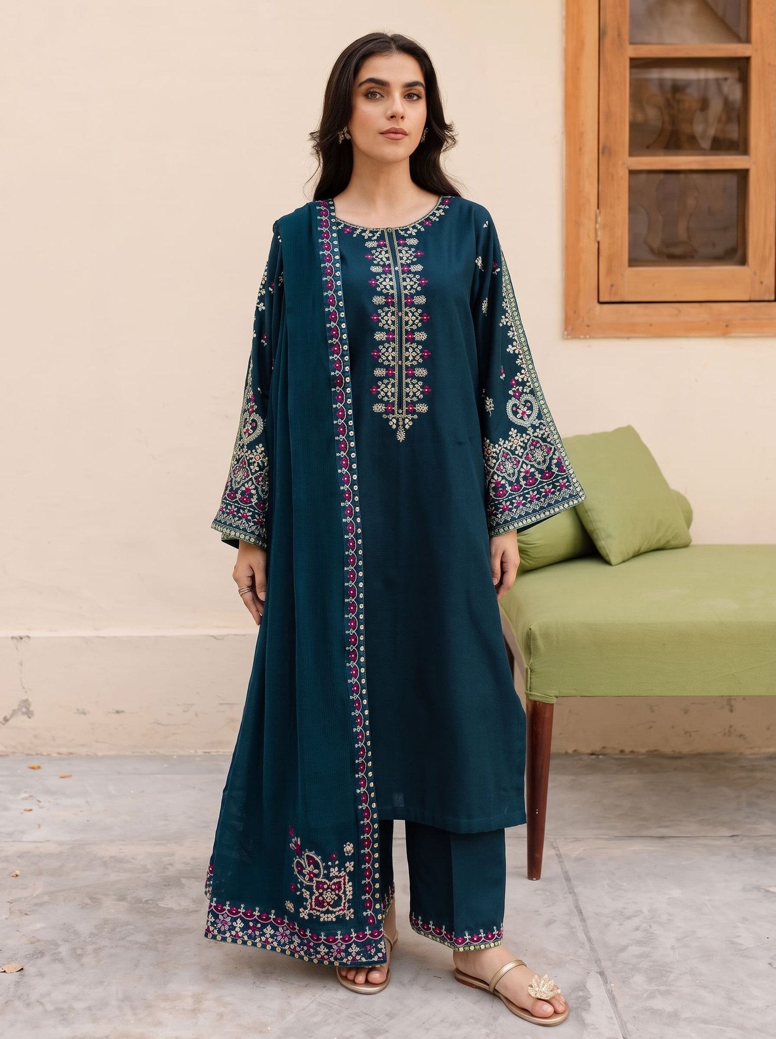 Bluebell Dream Pure Dhanak 3-Piece Embroidered Dress with Pashmina Wool Shawl Image 2