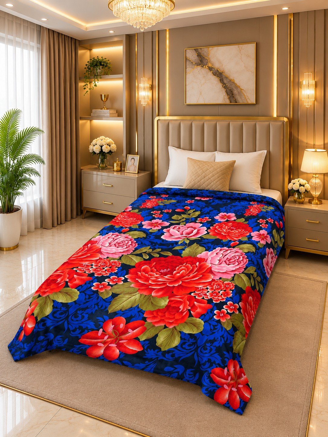 Blue Floral Single Bed AC Blanket - Soft Fleece, Elegant Design