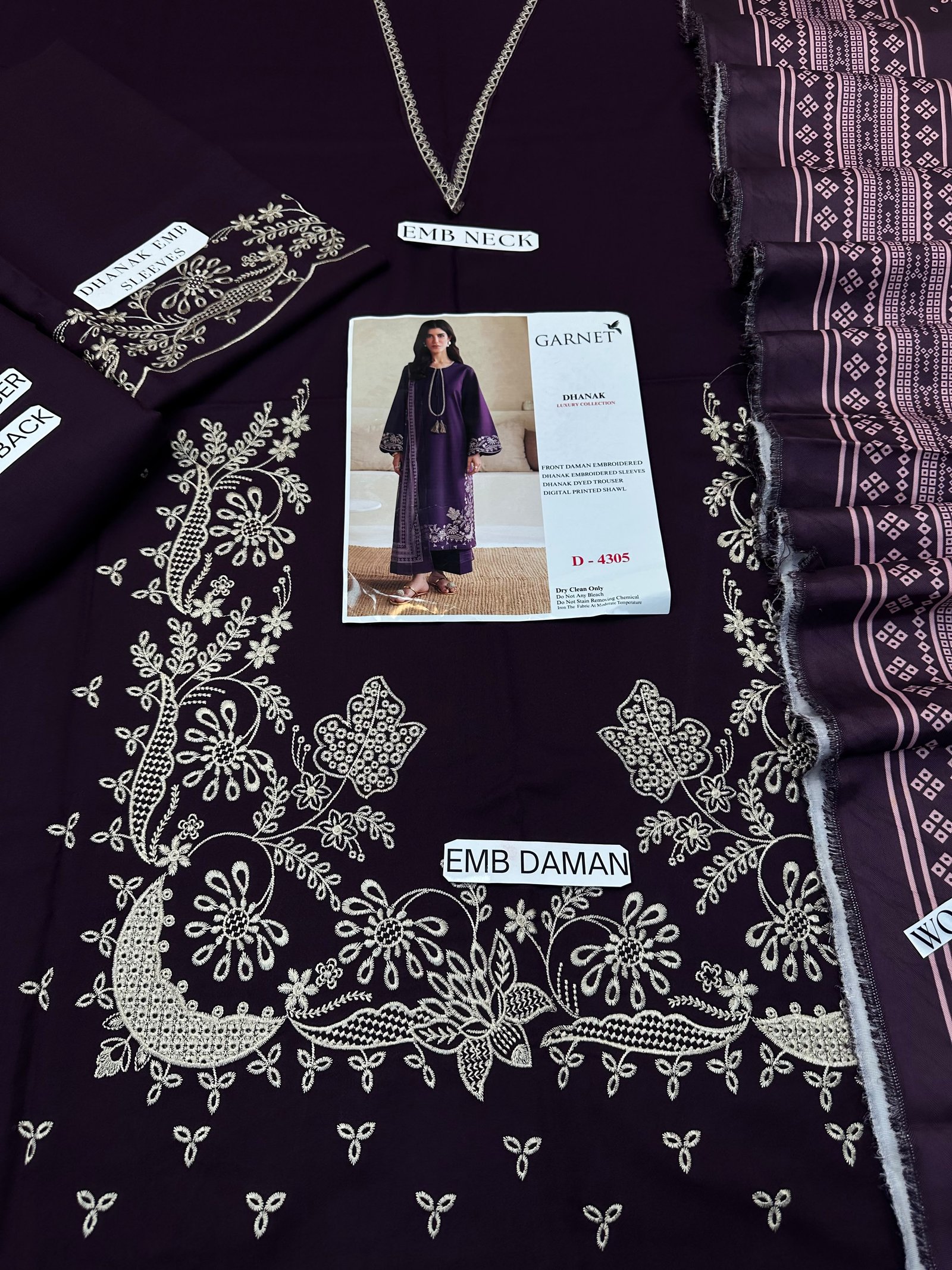 Elegant Purple Embroidered Dhanak Suit – Winter Collection Image 3