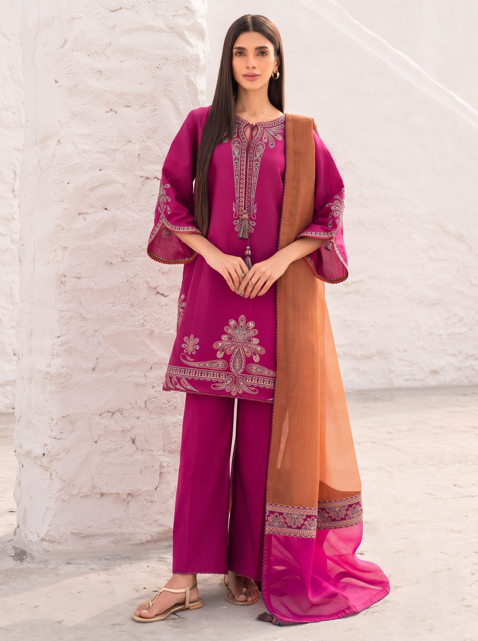 Crimson Petal Pure Dhanak 3-Piece Embroidered Dress with Pashmina Wool Shawl