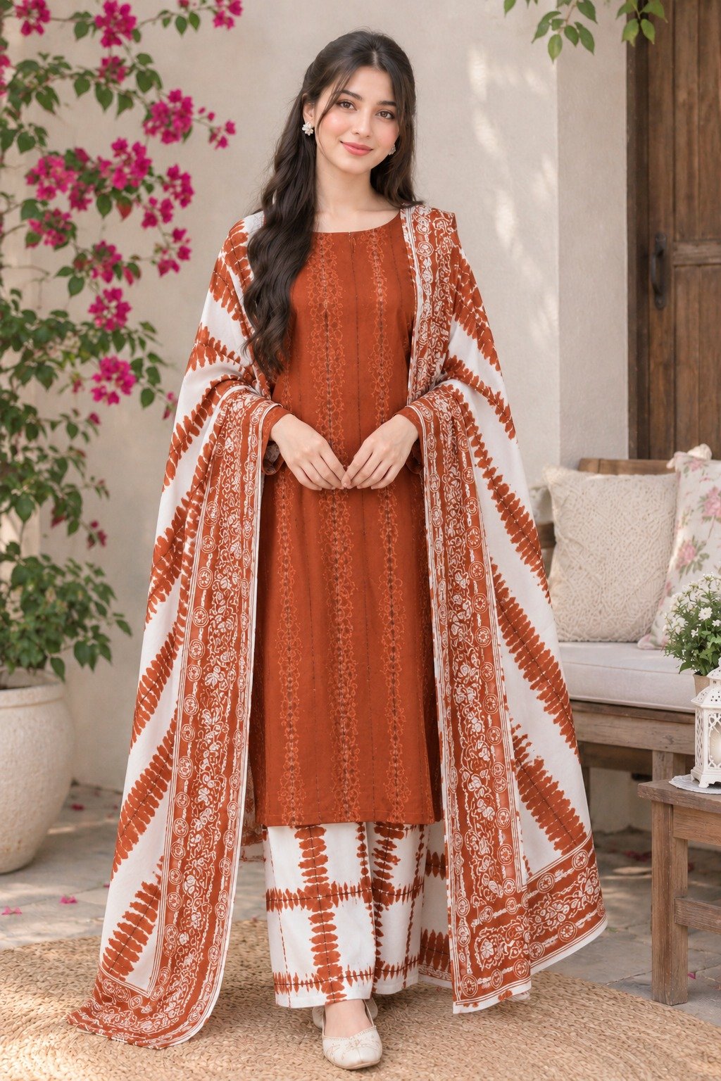 Rust Orange Linen 3 Piece Suit – Digital Printed Collection Bonanza