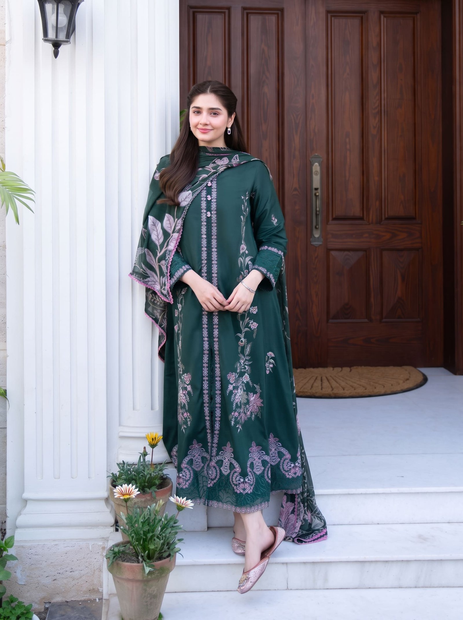 Azure Bloom Pure Dhanak 3-Piece Embroidered Dress with Pashmina Wool Shawl