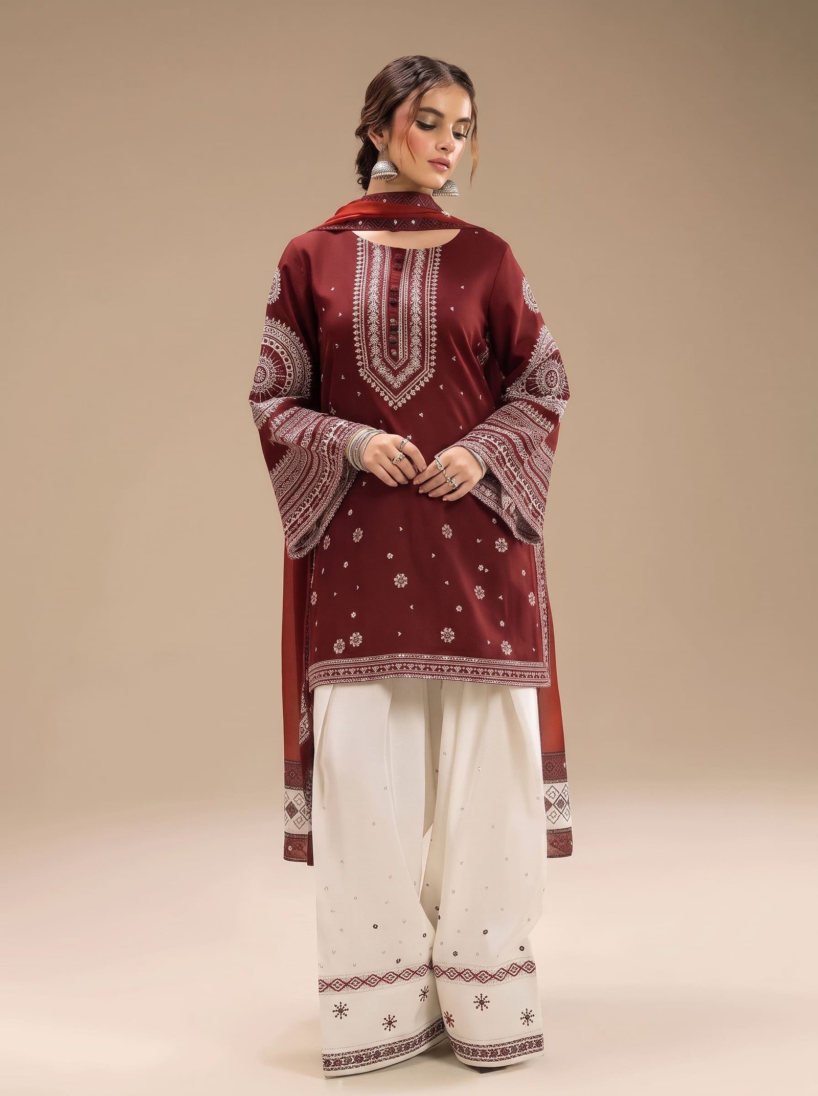 Roselle Burgundy Ethnic Pure Dhanak 3-Piece Embroidered Dress with Pashmina Wool Shawl Image 2