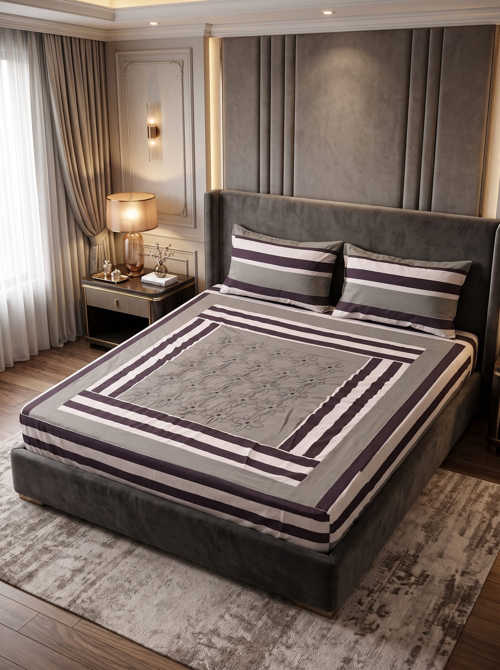 King Size Cotton Patchwork Bedsheet – Embroidered & Panel Design