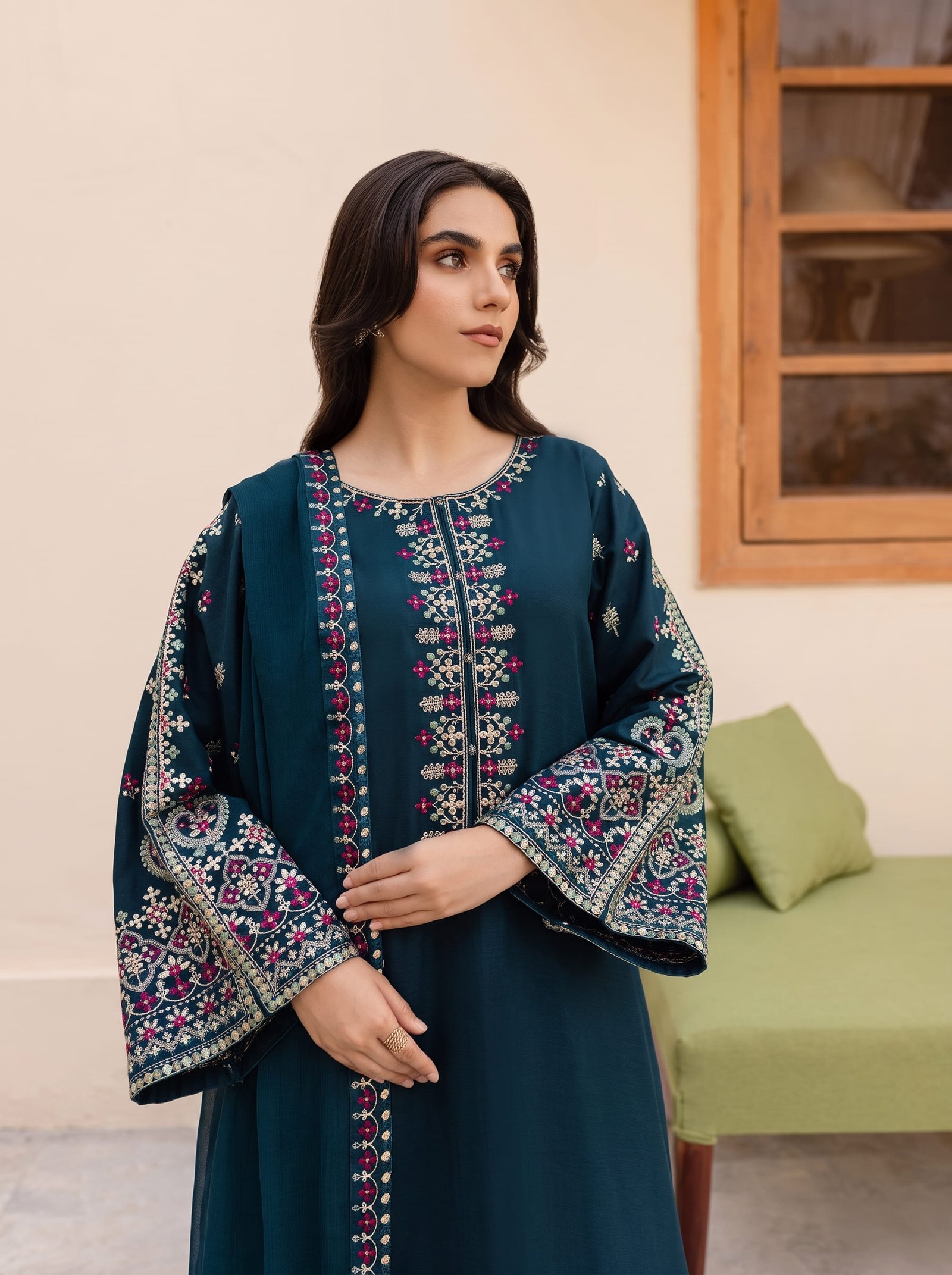 Bluebell Dream Pure Dhanak 3-Piece Embroidered Dress with Pashmina Wool Shawl