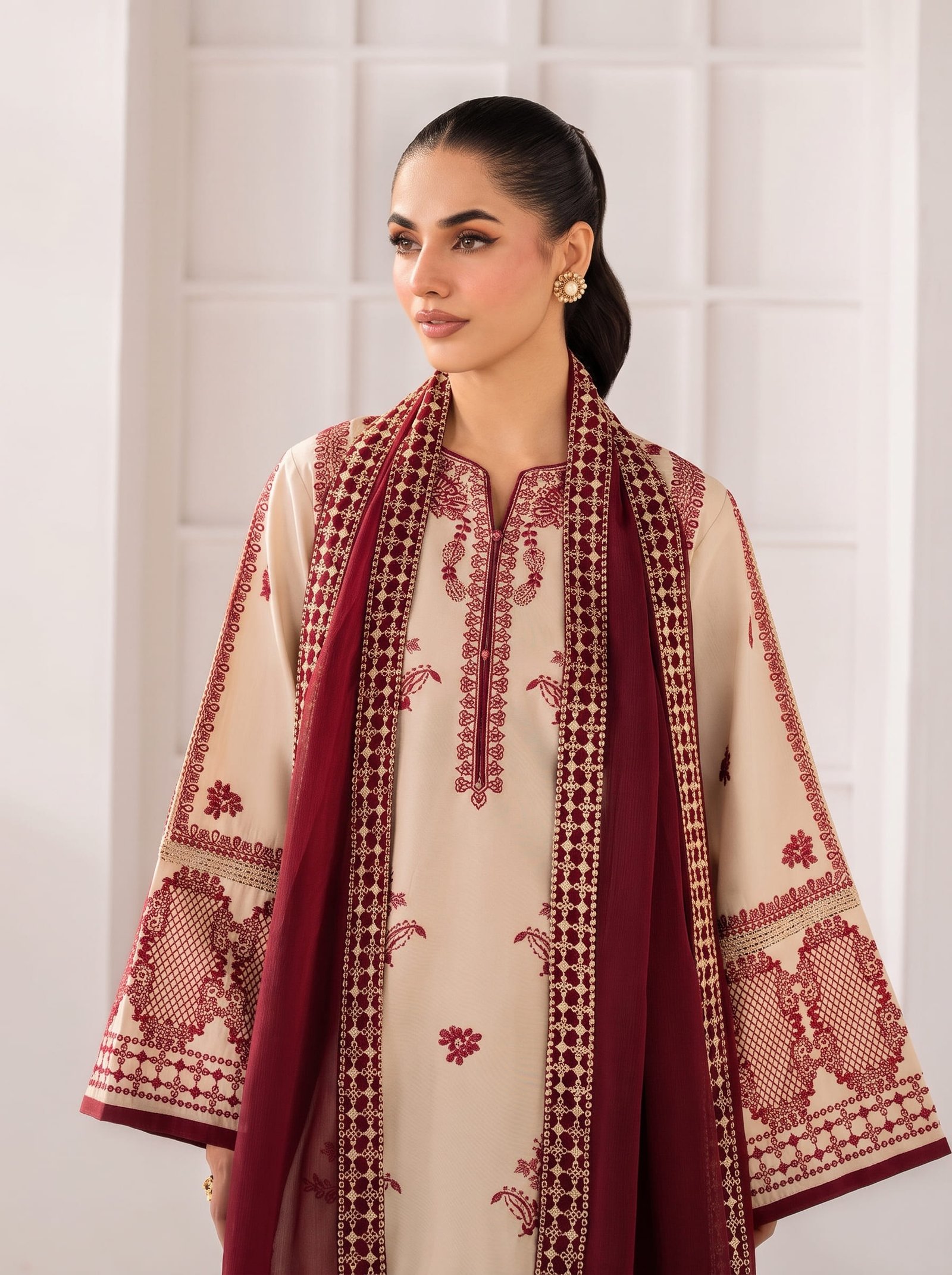 Ethnic Ivory & Maroon Pure Dhanak 3-Piece Embroidered Dress with Pashmina Wool Shawl Image 2