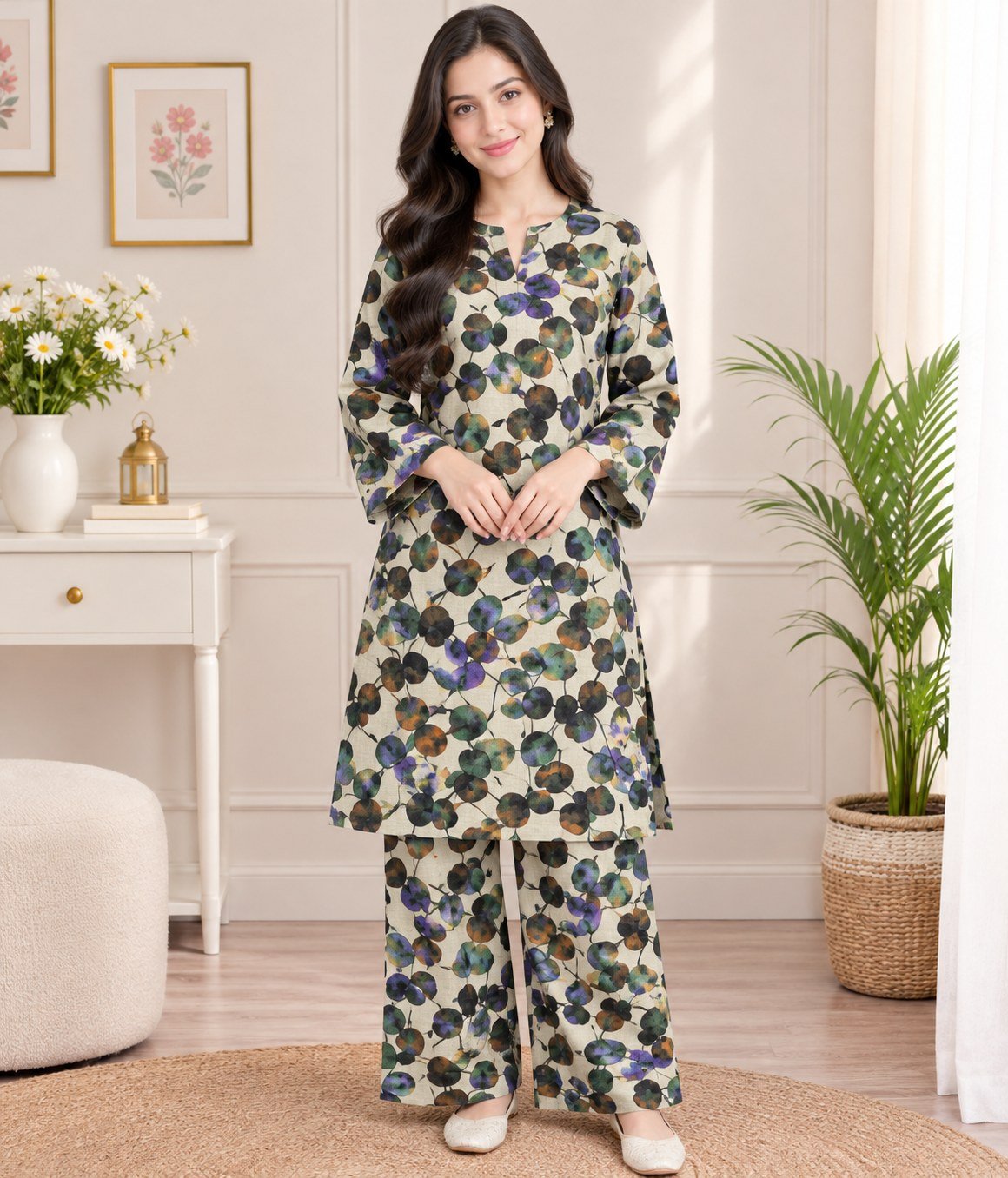 Multicolor Printed Khaddar 2 Piece Unstitched Suit