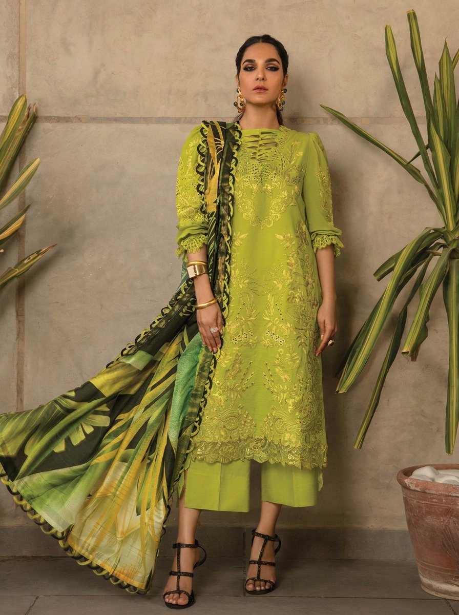 Fresh Lime Pure Dhanak 3-Piece Embroidered Dress with Pashmina Wool Shawl