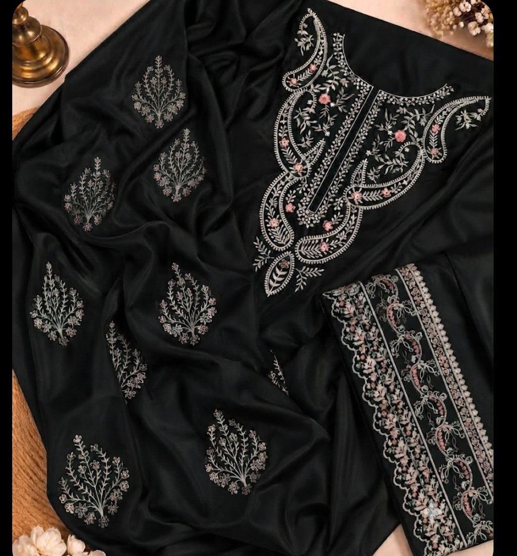 Black pearl Elegant Heavy Embroidered Silk 2-Piece Unstitched Suit Image 2