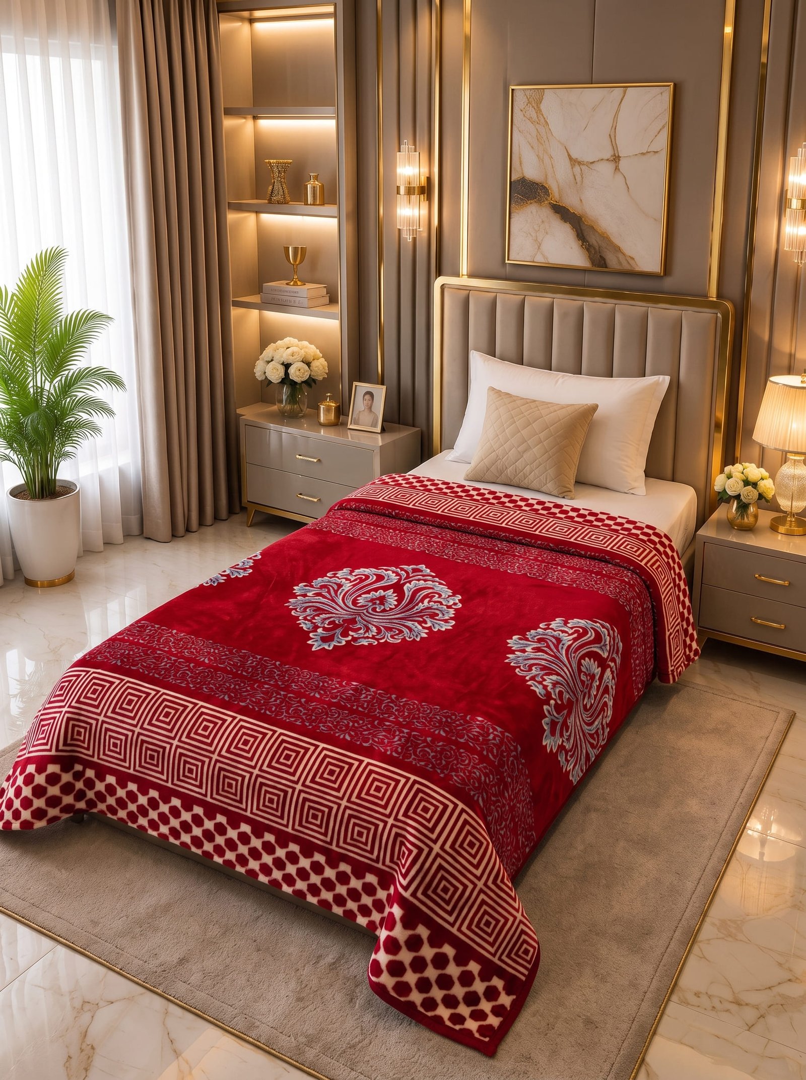 Red Heart Single Bed AC Blanket - Soft Fleece, Elegant Design