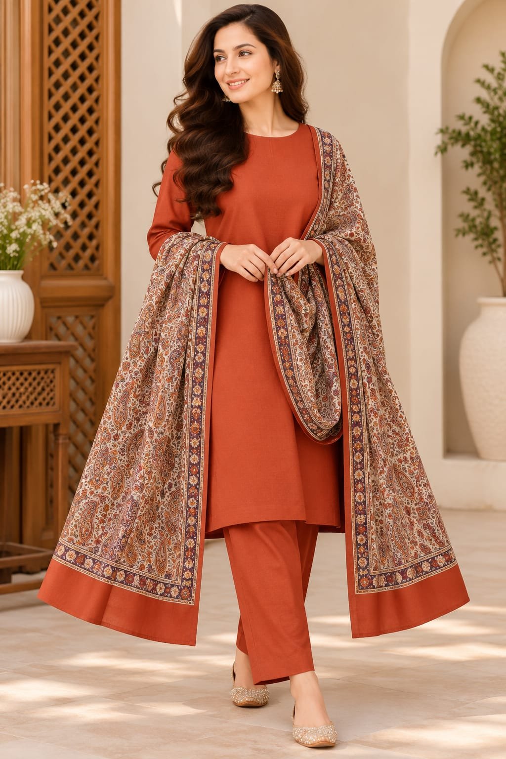 Crimson Elegance Winter Dhanak Suit with Turkish Jacquard Shawl