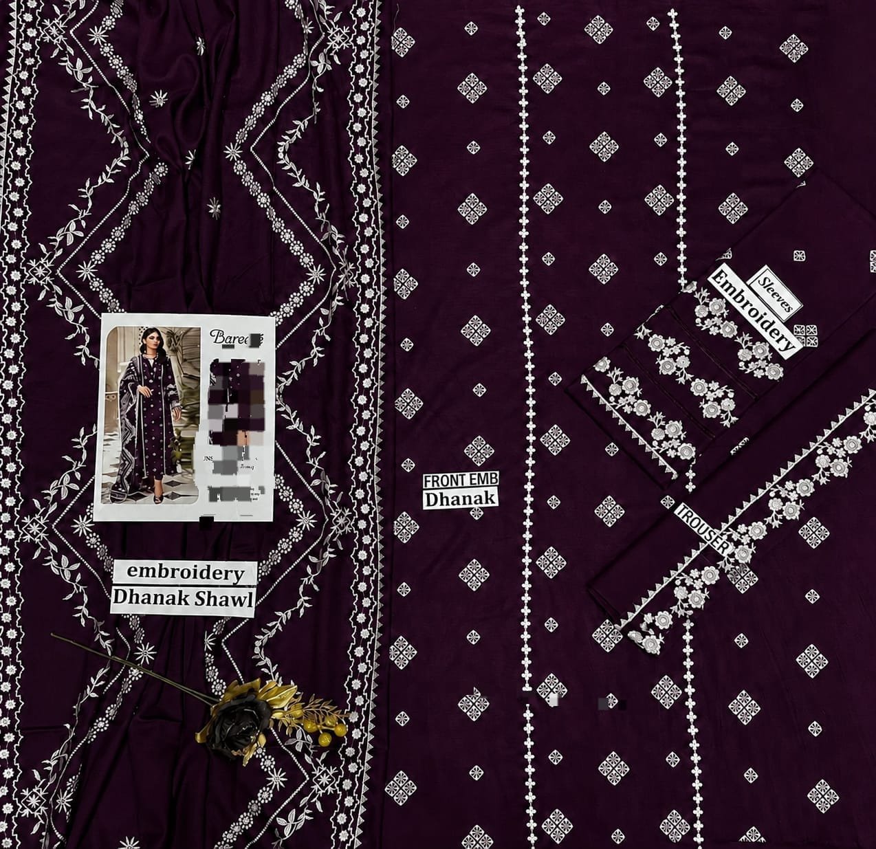 Warm Plum Winter Dhanak Embroidered 3 Piece Suit with Heavy Embroidered Shawl Image 2