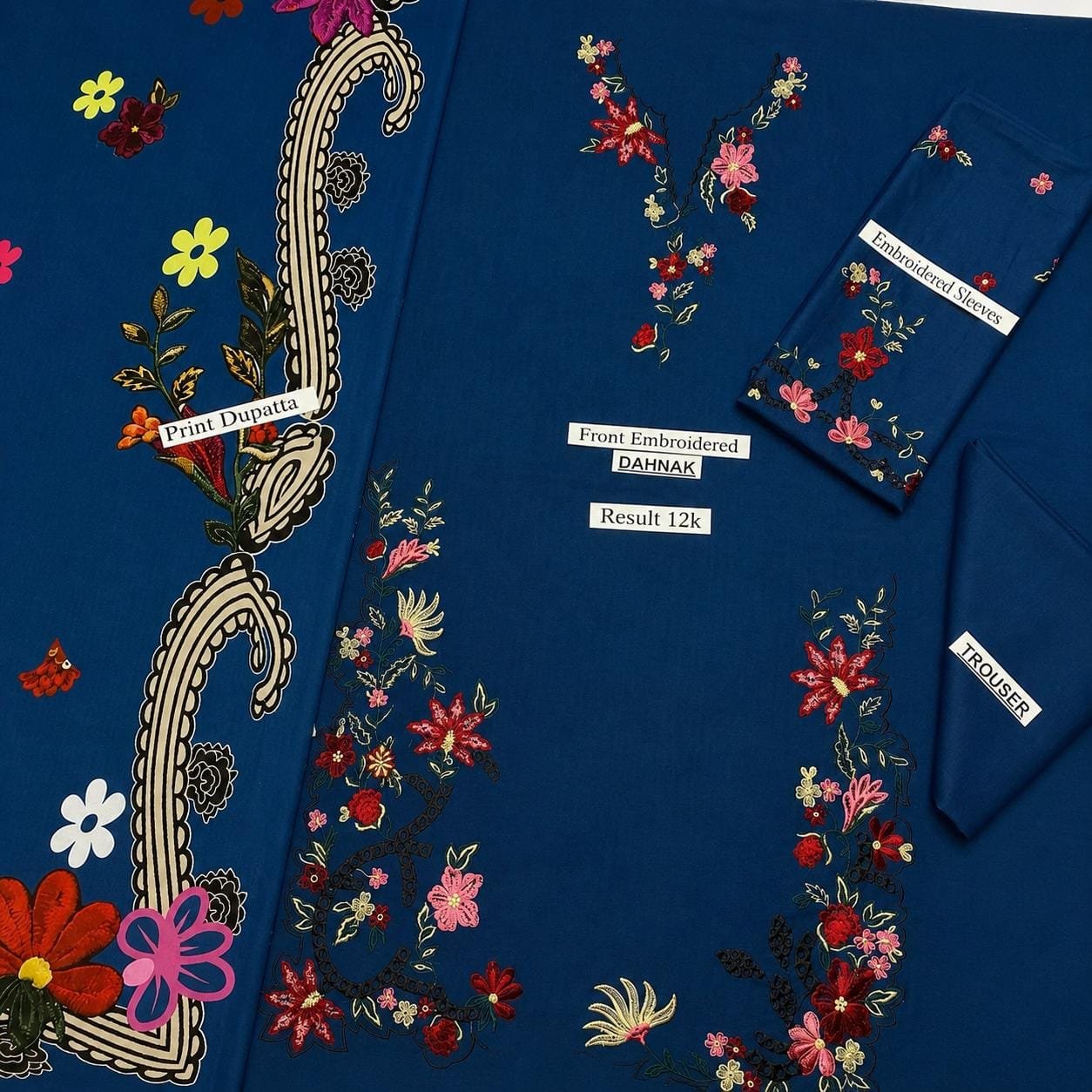 Navy Blue Dhanak Embroidered 3-Piece Suit with Pashmina Shawl – Daman Shiffli Work Image 2