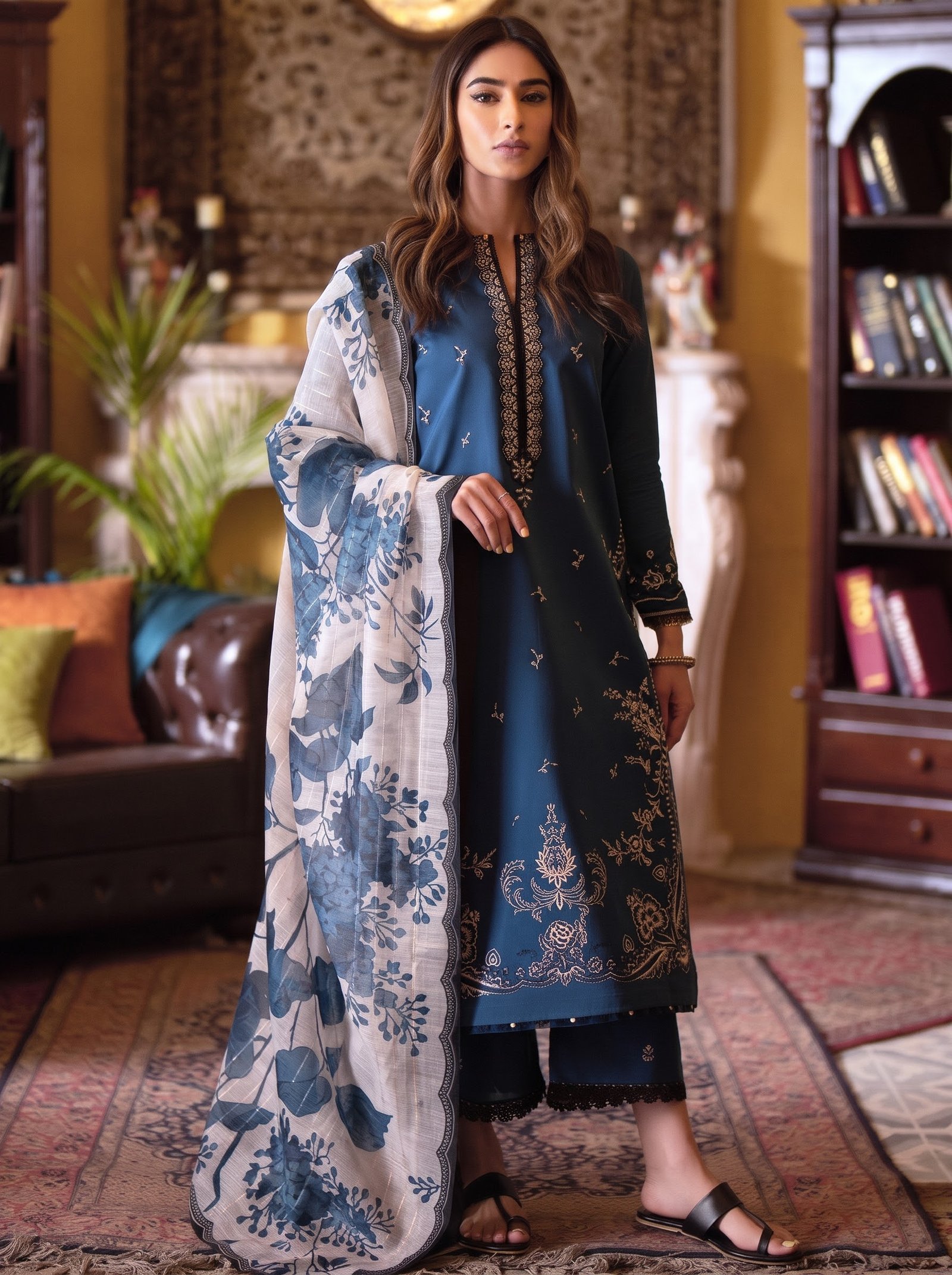 Regal Blue Ethnic Pure Dhanak 3-Piece Embroidered Dress with Pashmina Wool Shawl