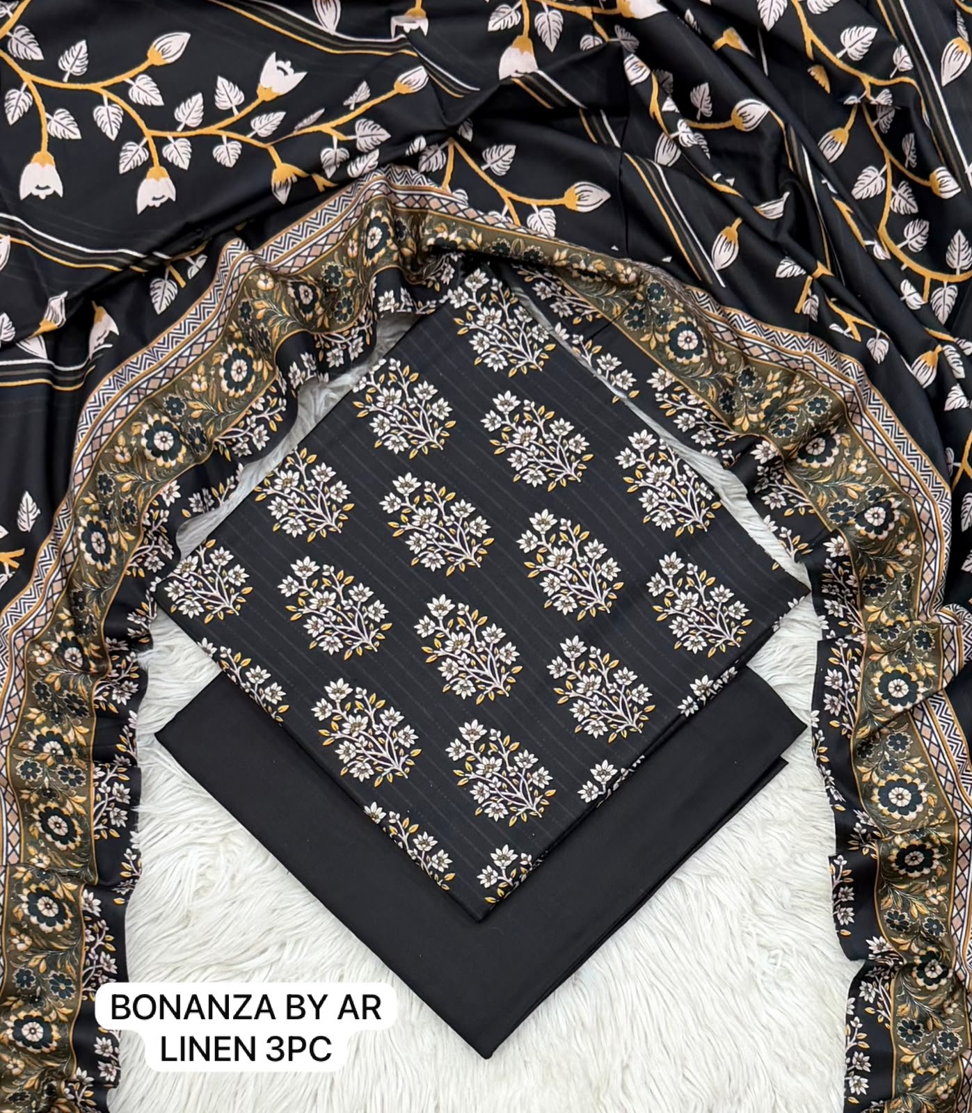 Black & Golden Floral Linen 3 Piece Suit – Digital Printed Collection Bonanza Image 2