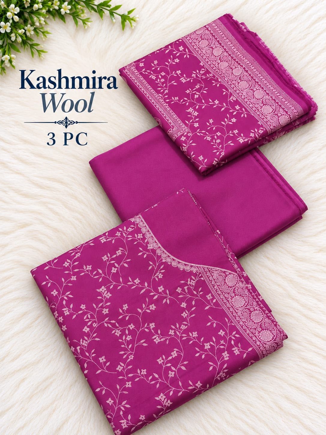 Fuchsia Pink Printed Kashmira Wool Marina 3 Piece Image 2