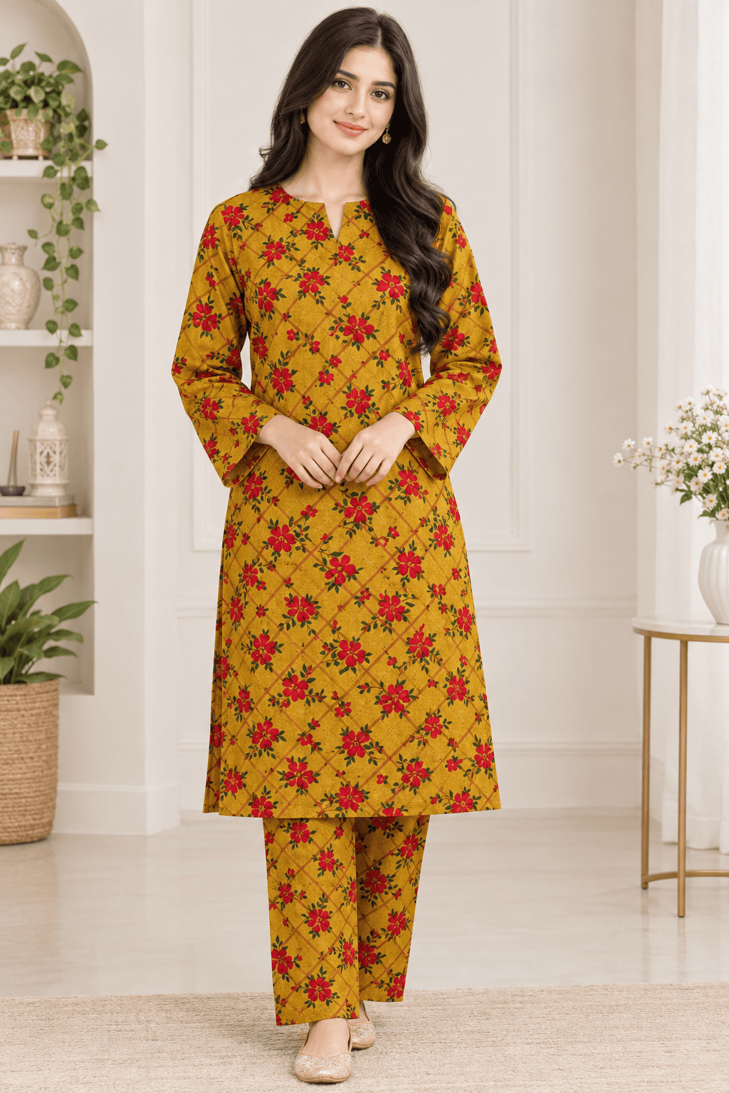 Mustard Gulbahar Print Khaddar 2 Piece Suit – Digital Printed Winter Collection