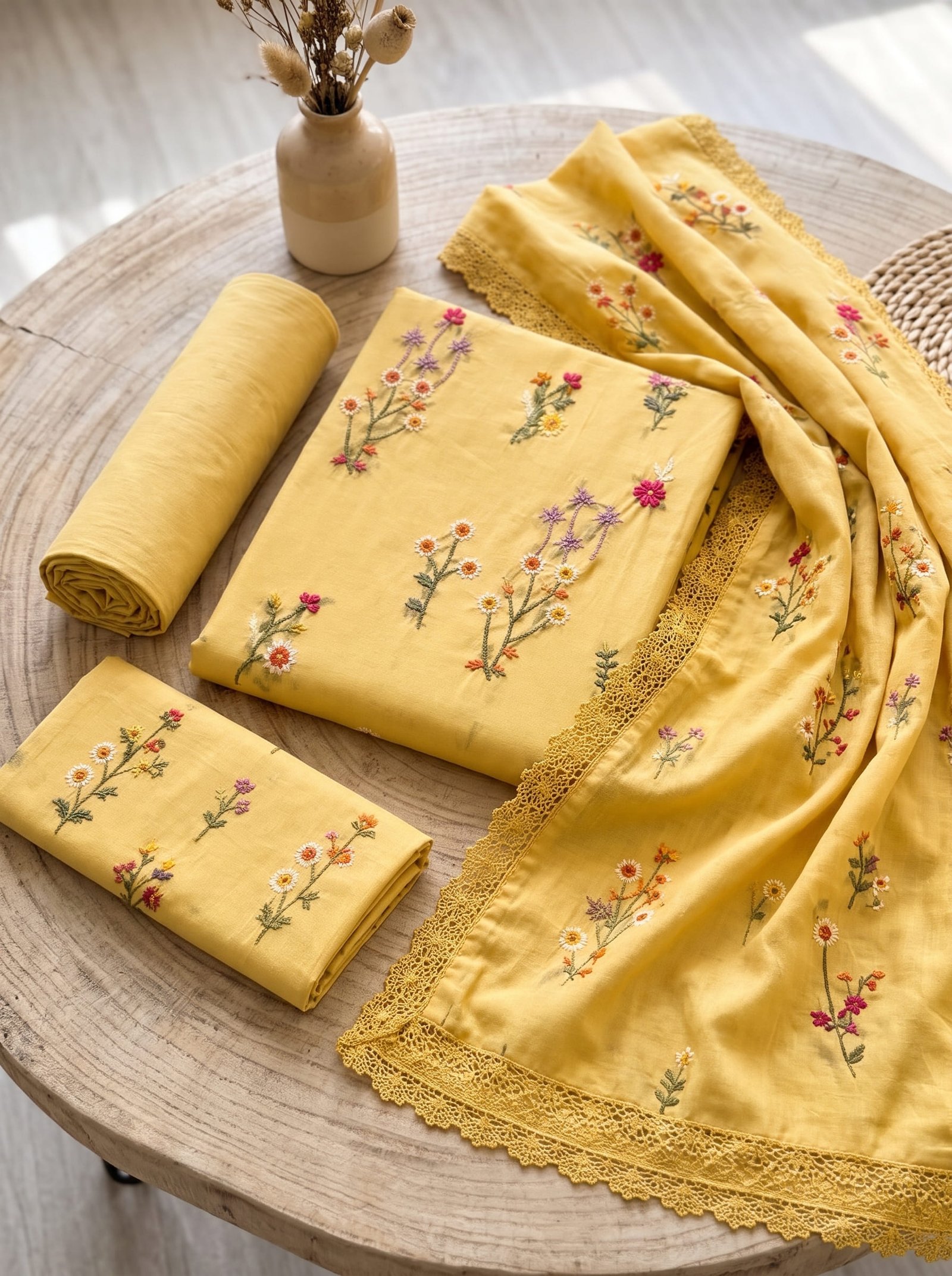Soft Yellow Dhanak Embroidered 3 Piece Suit with Dhanak Shawl Image 2