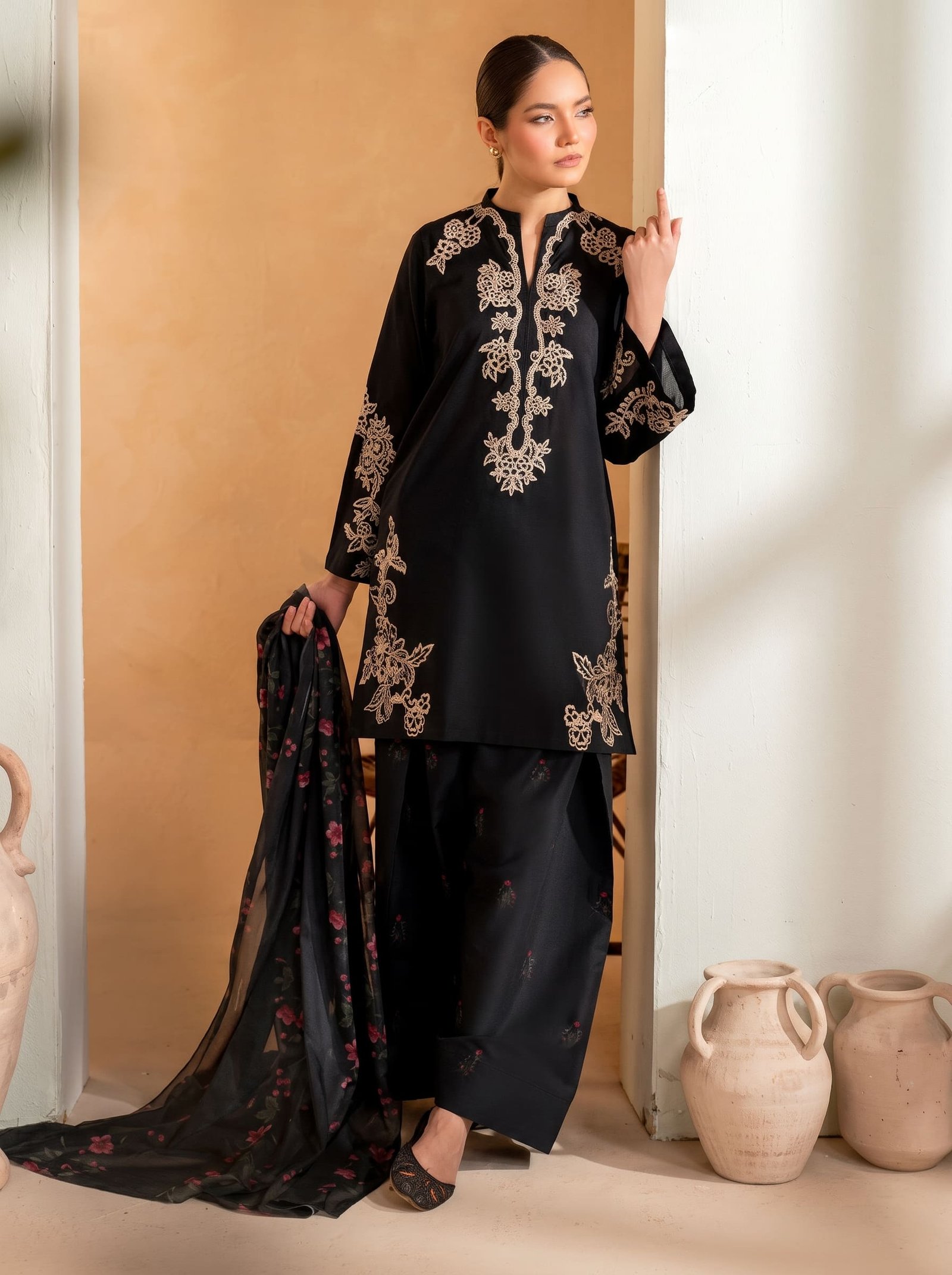 Shadow Grace Pure Dhanak 3-Piece Embroidered Dress with Pashmina Wool Shawl Image 2