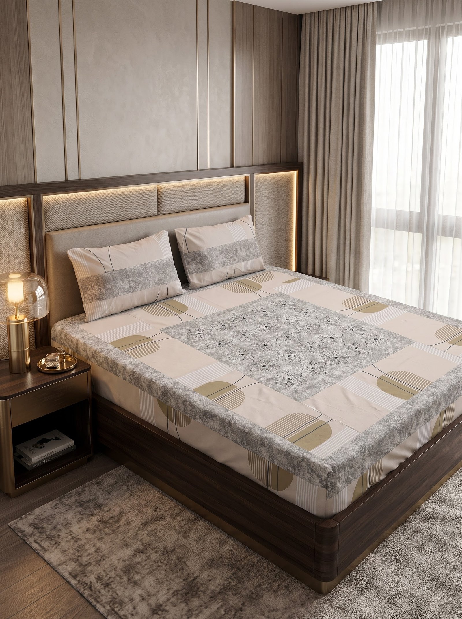 King Size Cotton Patchwork Bedsheet – Embroidered & Panel Design