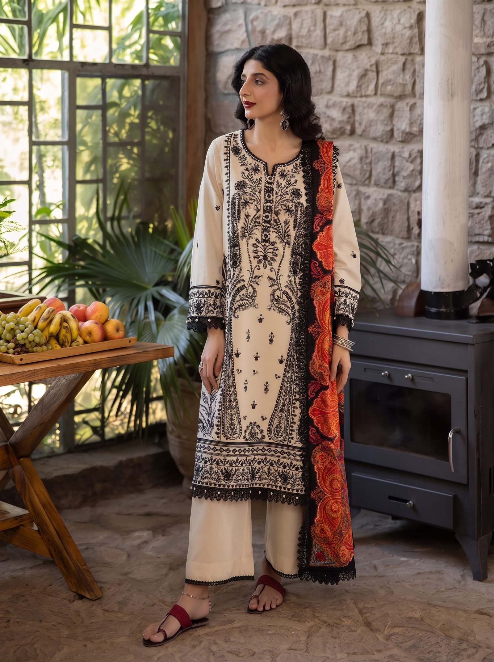 Monochrome Muse Ethnic Pure Dhanak 3-Piece Embroidered Dress with Pashmina Wool Shawl Image 2