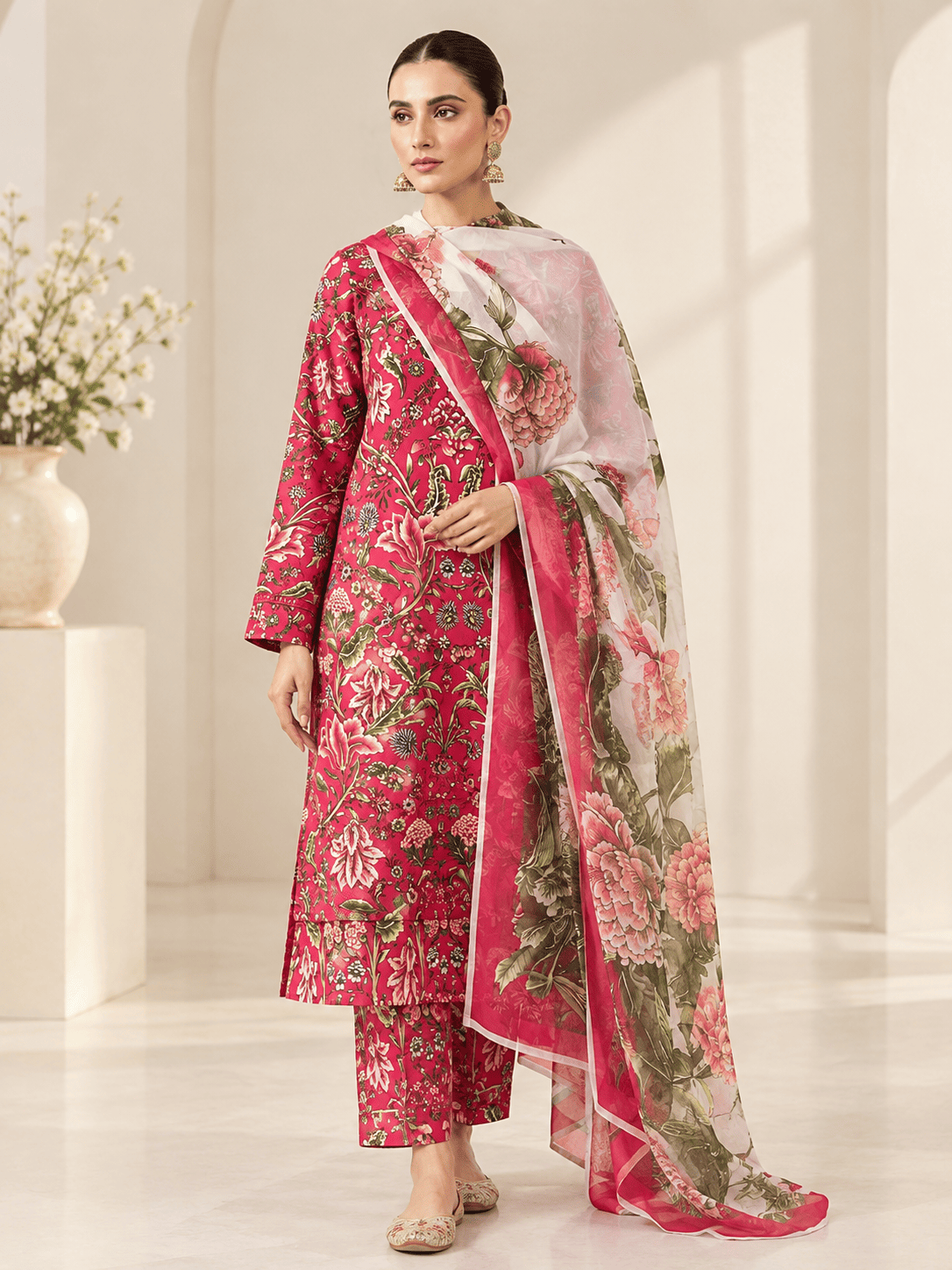 Warm Fuschia Floral Digital Printed Silk 3 Piece Unstitched Suit 2026 | Premium Silk Collection