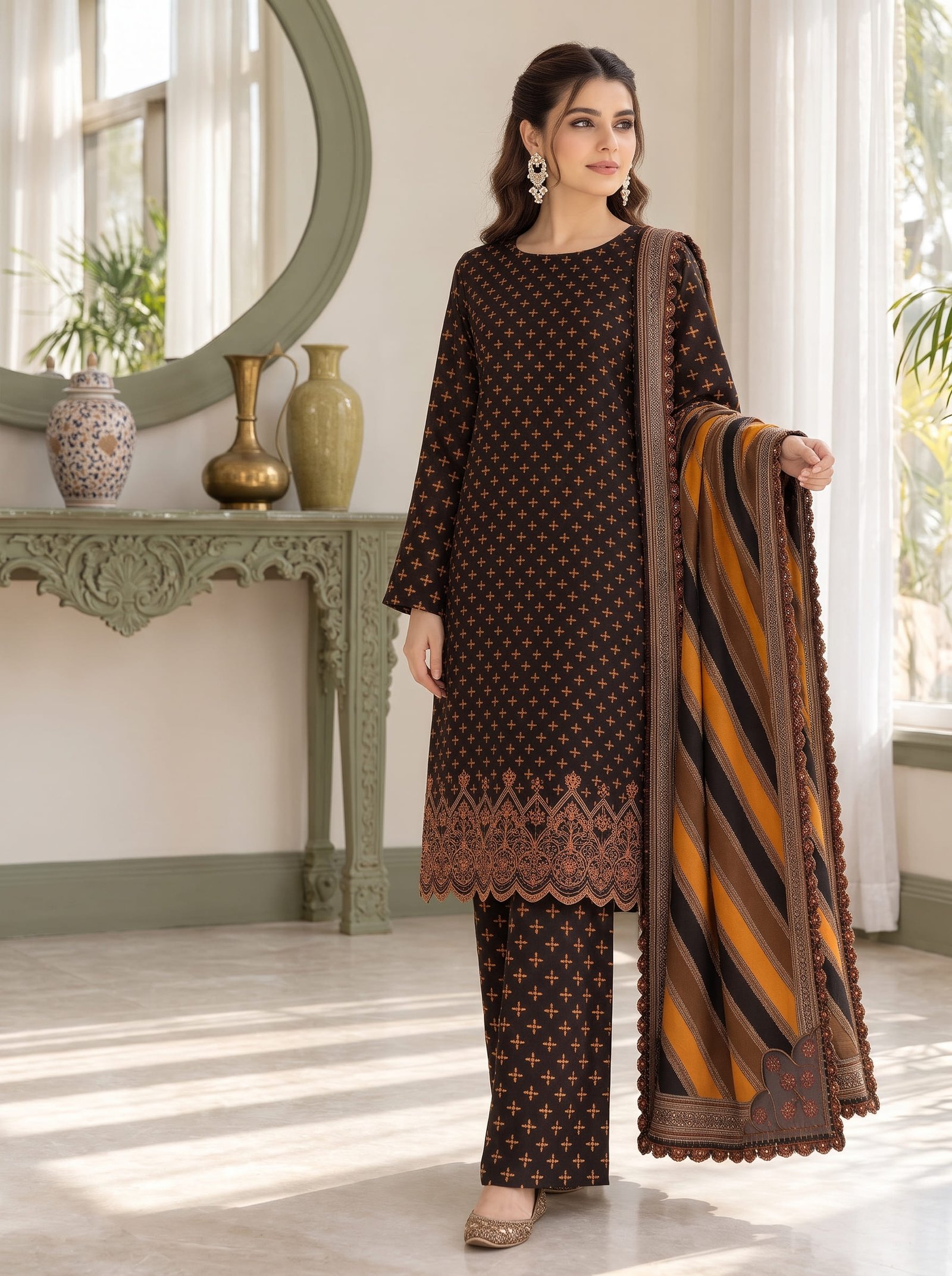 Nazakaat Khaddar Printed 3-Piece Suit with Embroidered Daman & Laser-Cut Detailing