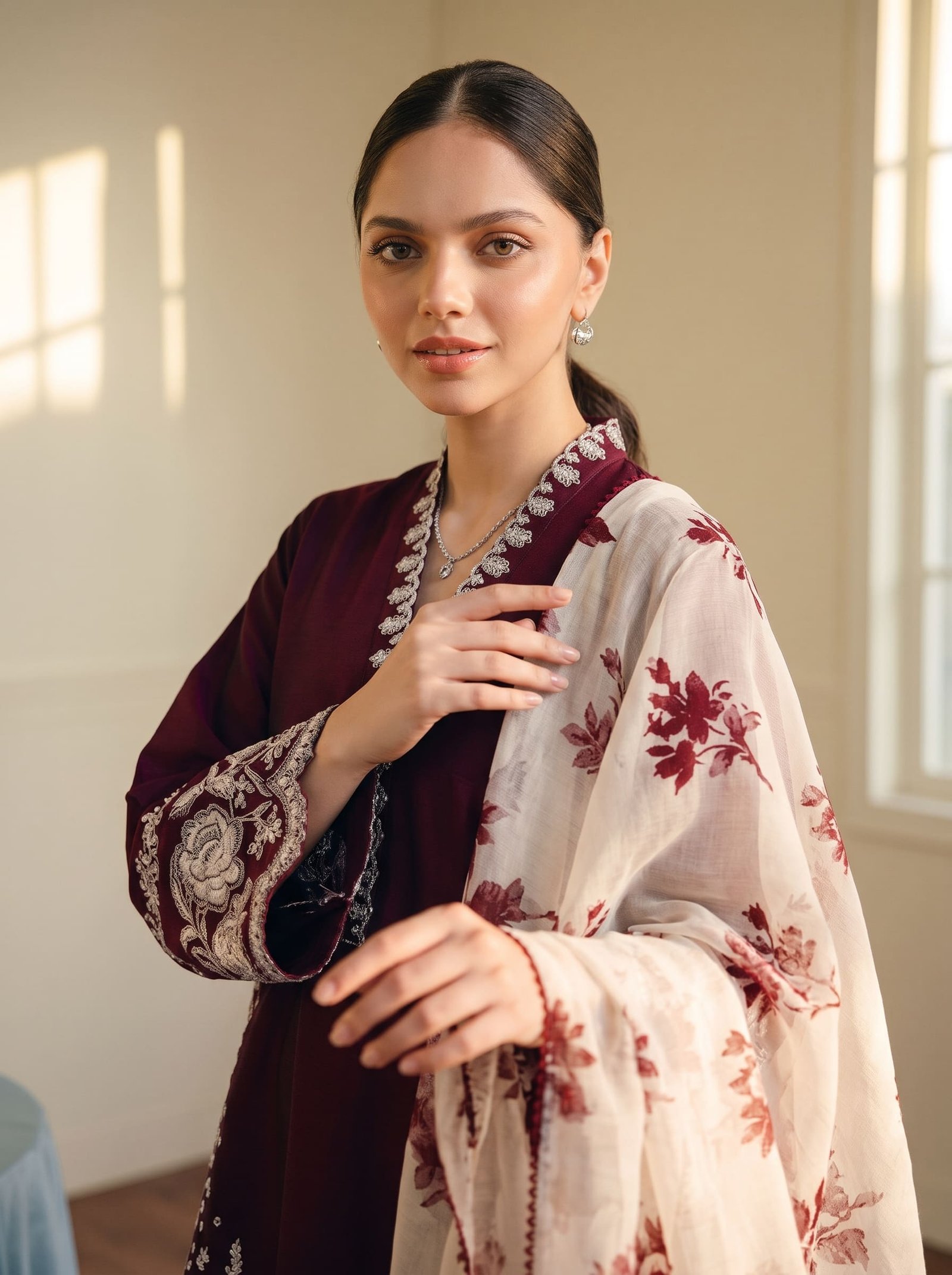 Burgyndy Bliss Pure Dhanak 3-Piece Embroidered Dress with Pashmina Wool Shawl Image 2