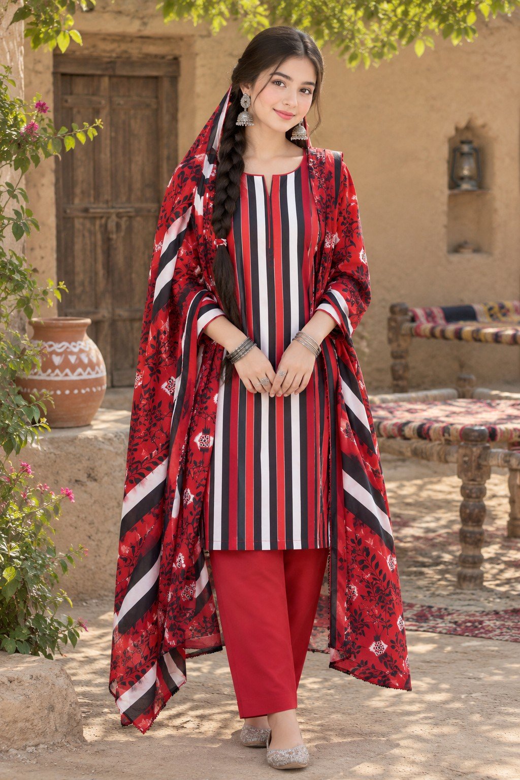 Red & White Linen 3 Piece Suit – Digital Printed Collection Bonanza