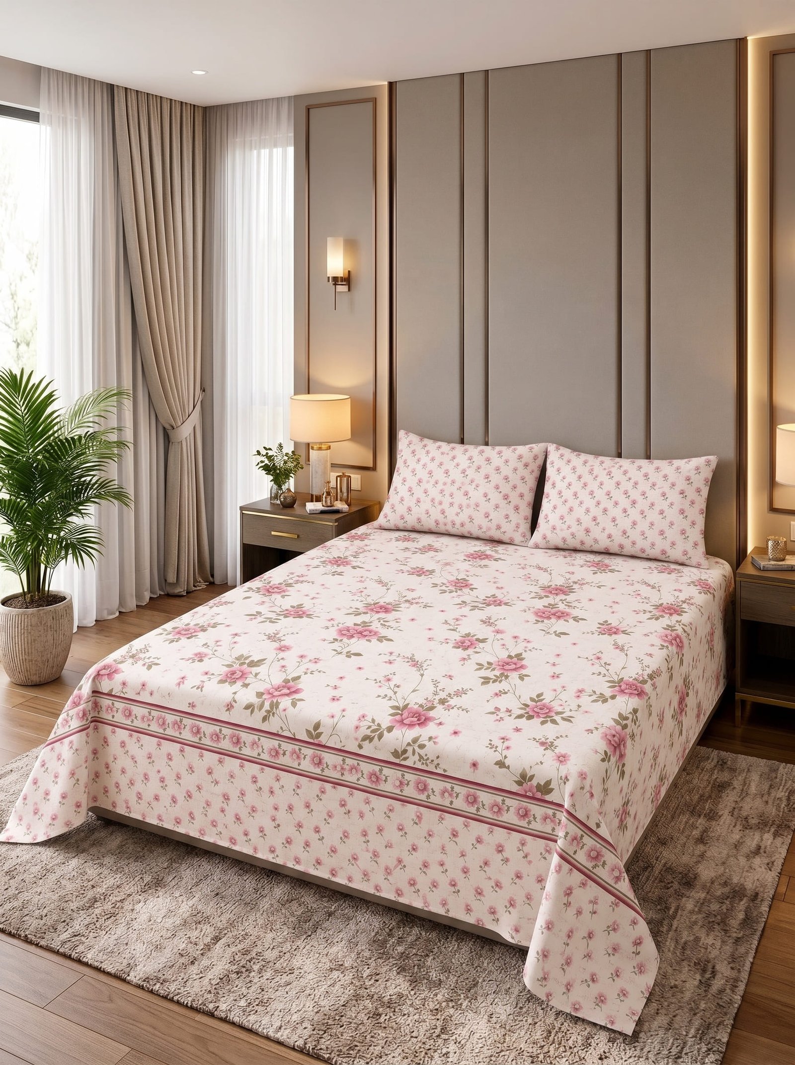 Premium Cotton King Size Bedsheet Set with 2 Pillowcases – 3 Piece Bedding Set