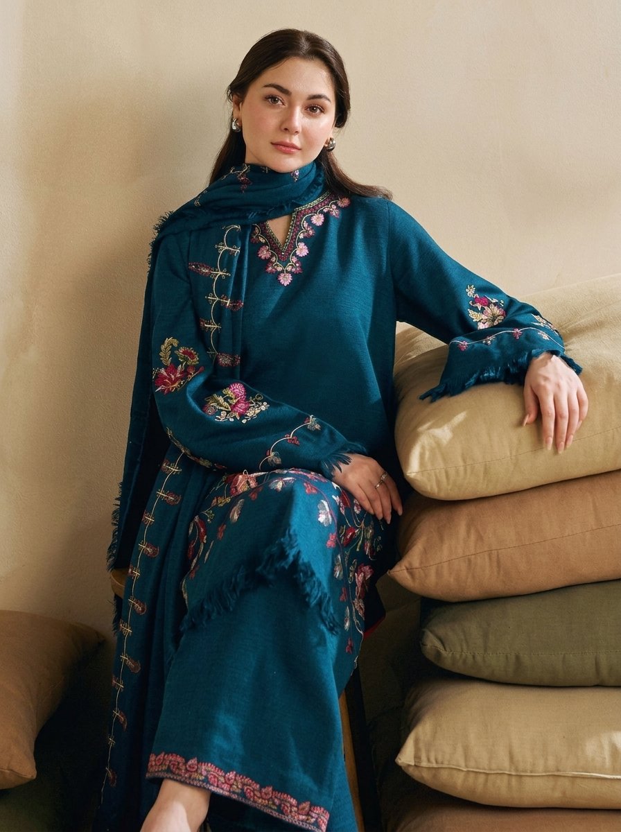 Teal Blue Ethnic Pure Dhanak 3-Piece Embroidered Dress with Pashmina Wool Shawl Image 2