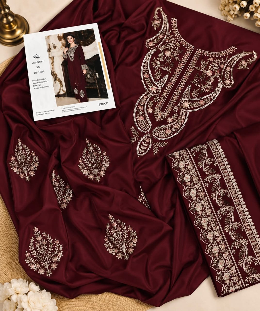 Deep Wine Elegant Heavy Embroidered Silk 2-Piece Unstitched Suit Image 2
