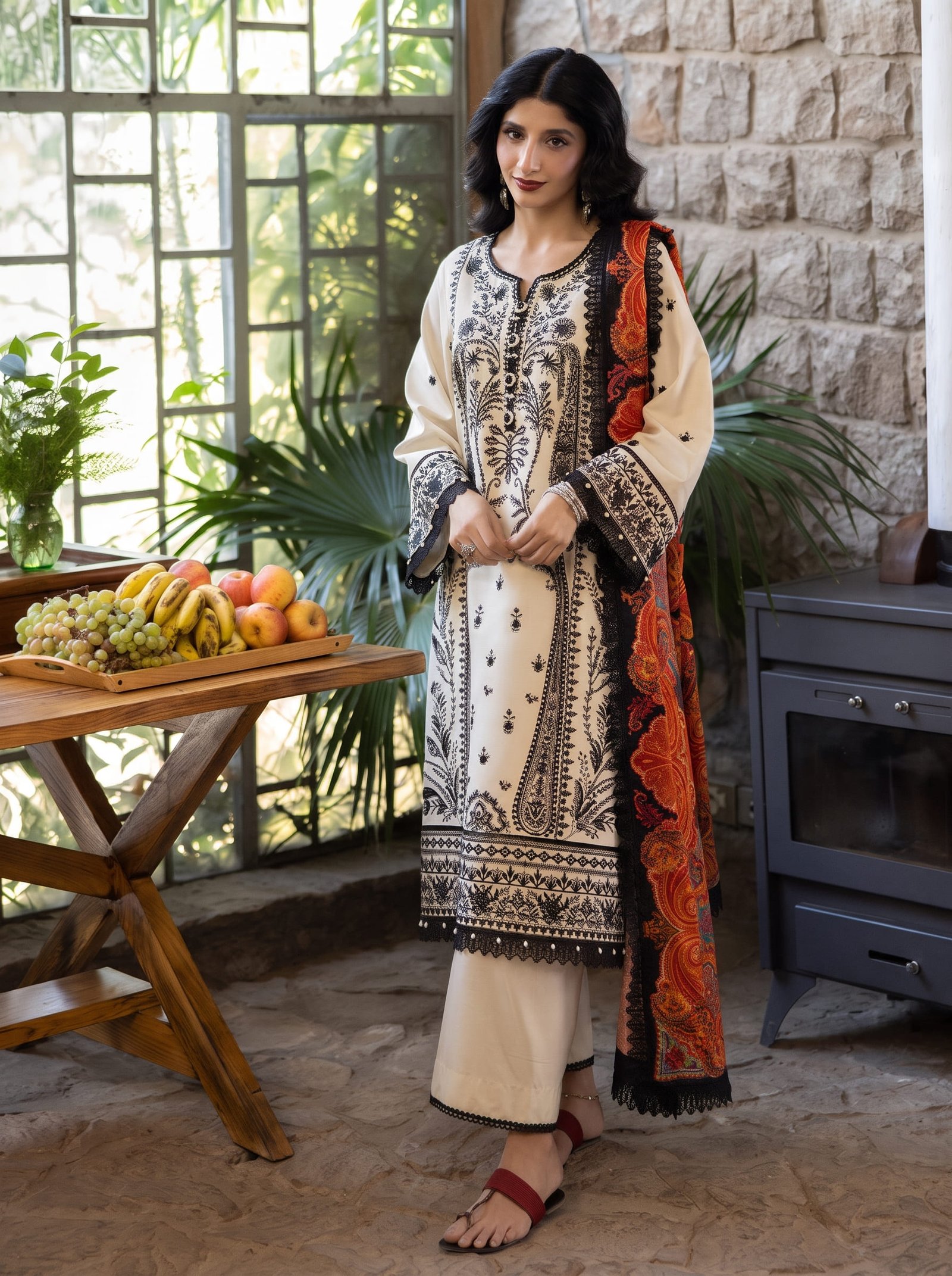 Monochrome Muse Ethnic Pure Dhanak 3-Piece Embroidered Dress with Pashmina Wool Shawl