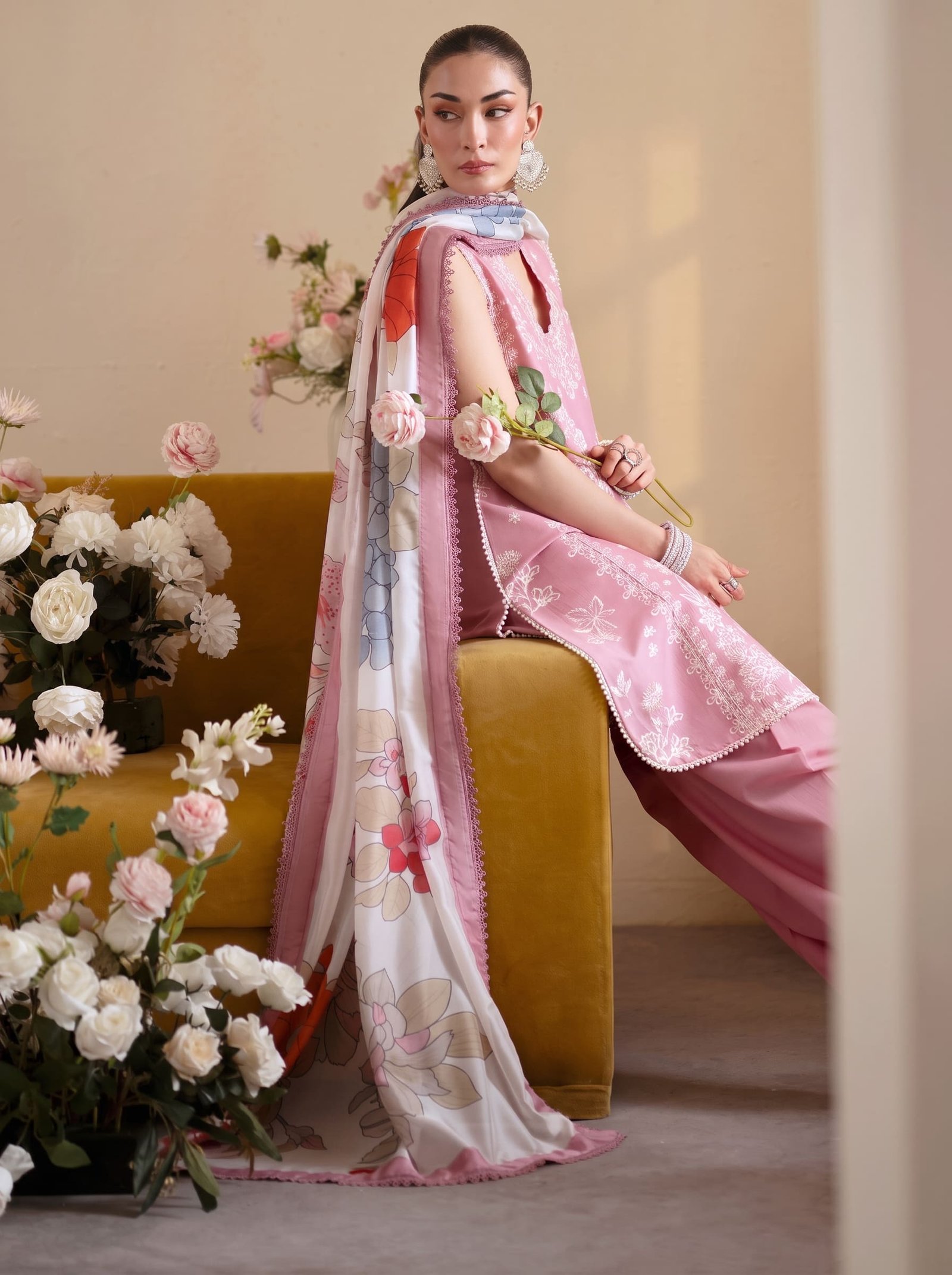Soft BabyPink Pure Dhanak 3-Piece Embroidered Dress with Pashmina Wool Shawl