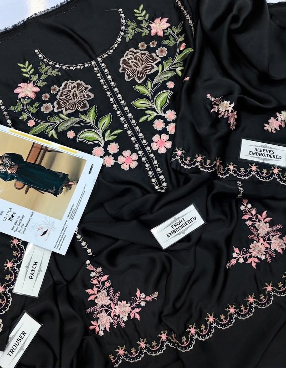 Obsidian Black Elegant Heavy Embroidered Silk 2-Piece Unstitched Suit Image 2