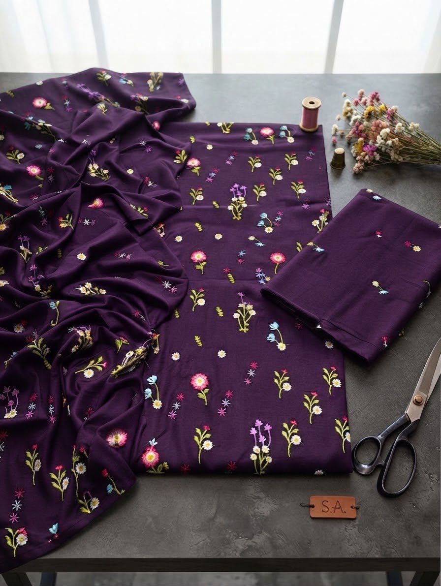 Plum Dhanak Embroidered 3 Piece Suit with Dhanak Shawl Image 2