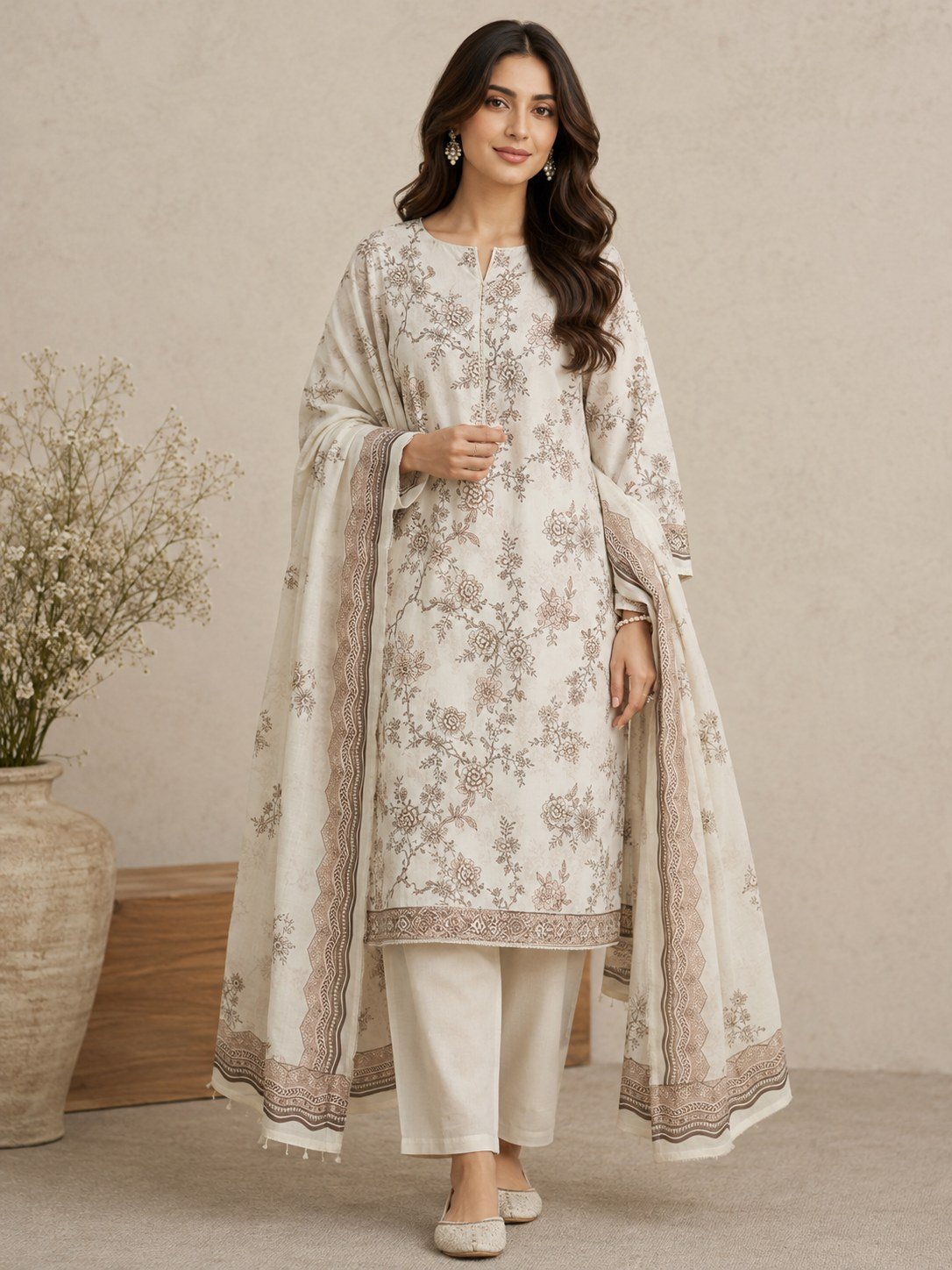 Off White Linen 3 Piece Suit – Digital Printed Collection Bonanza