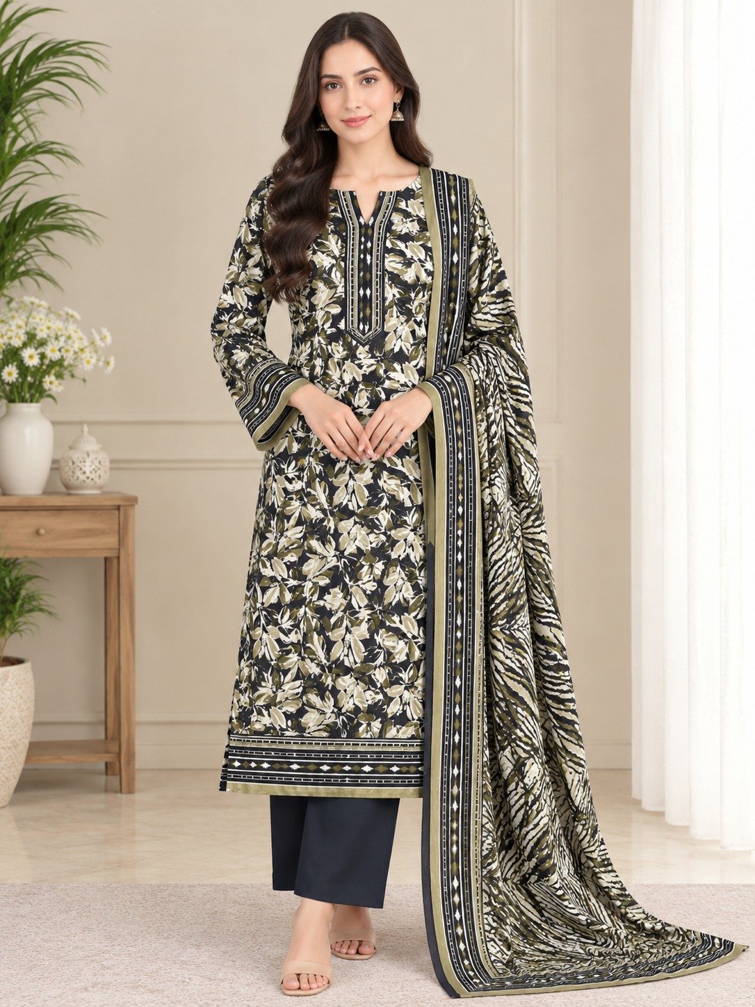 Black & Olive Linen 3 Piece Suit – Digital Printed Collection Bonanza