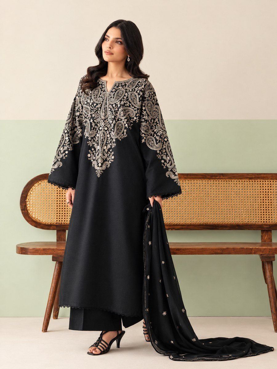 Black Jazmin Airjet Dhanak Embroidered 3PC Suit