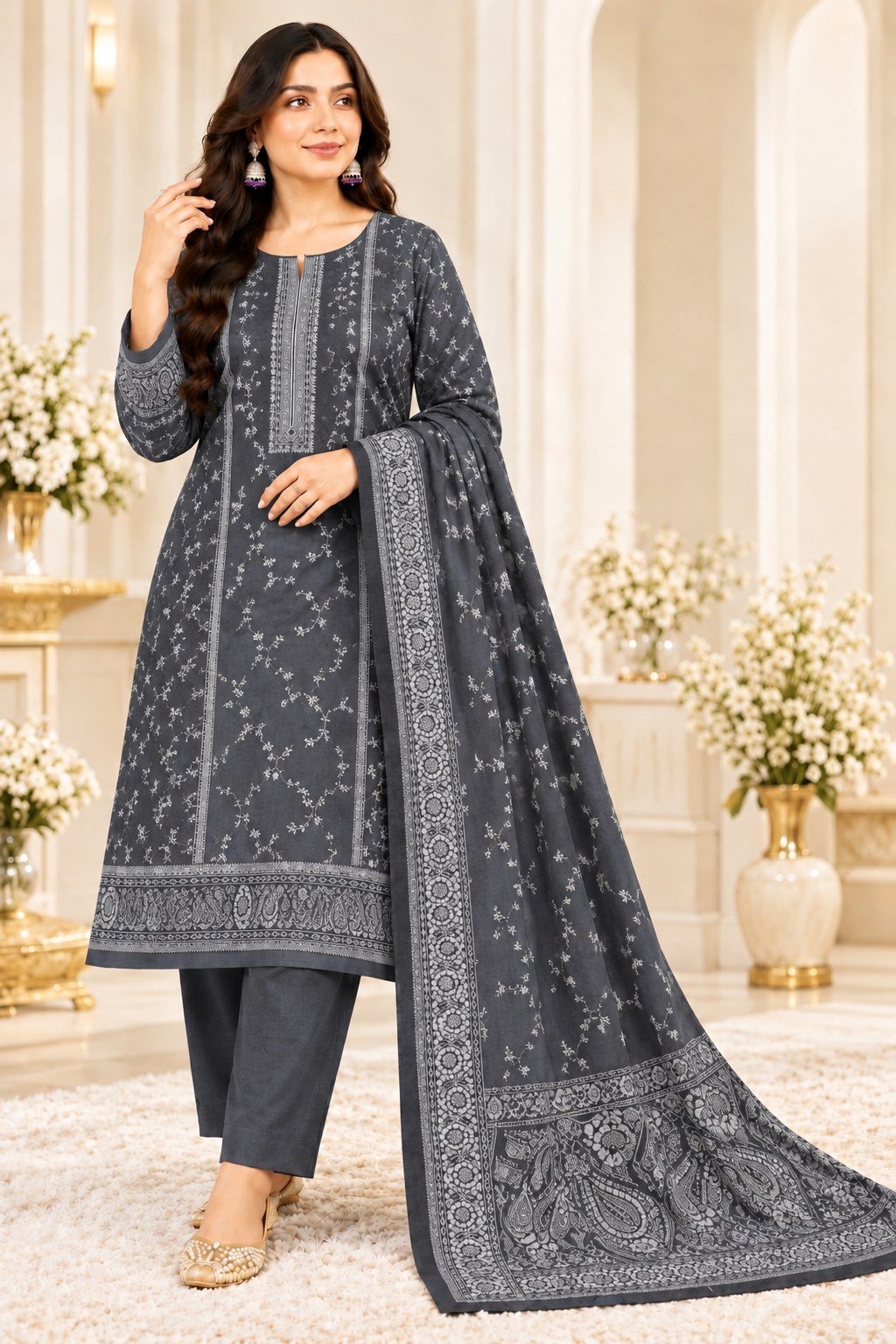 Grey Printed Kashmira Wool Marina 3 Piece