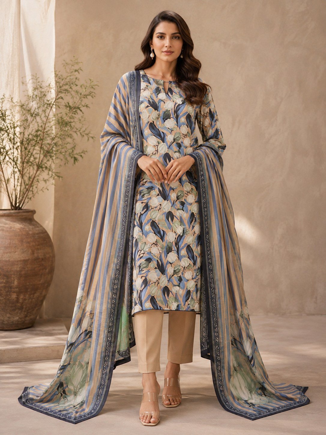 Ivory Grace Lnen 3 Piece Suit – Digital Printed Collection Bonanza