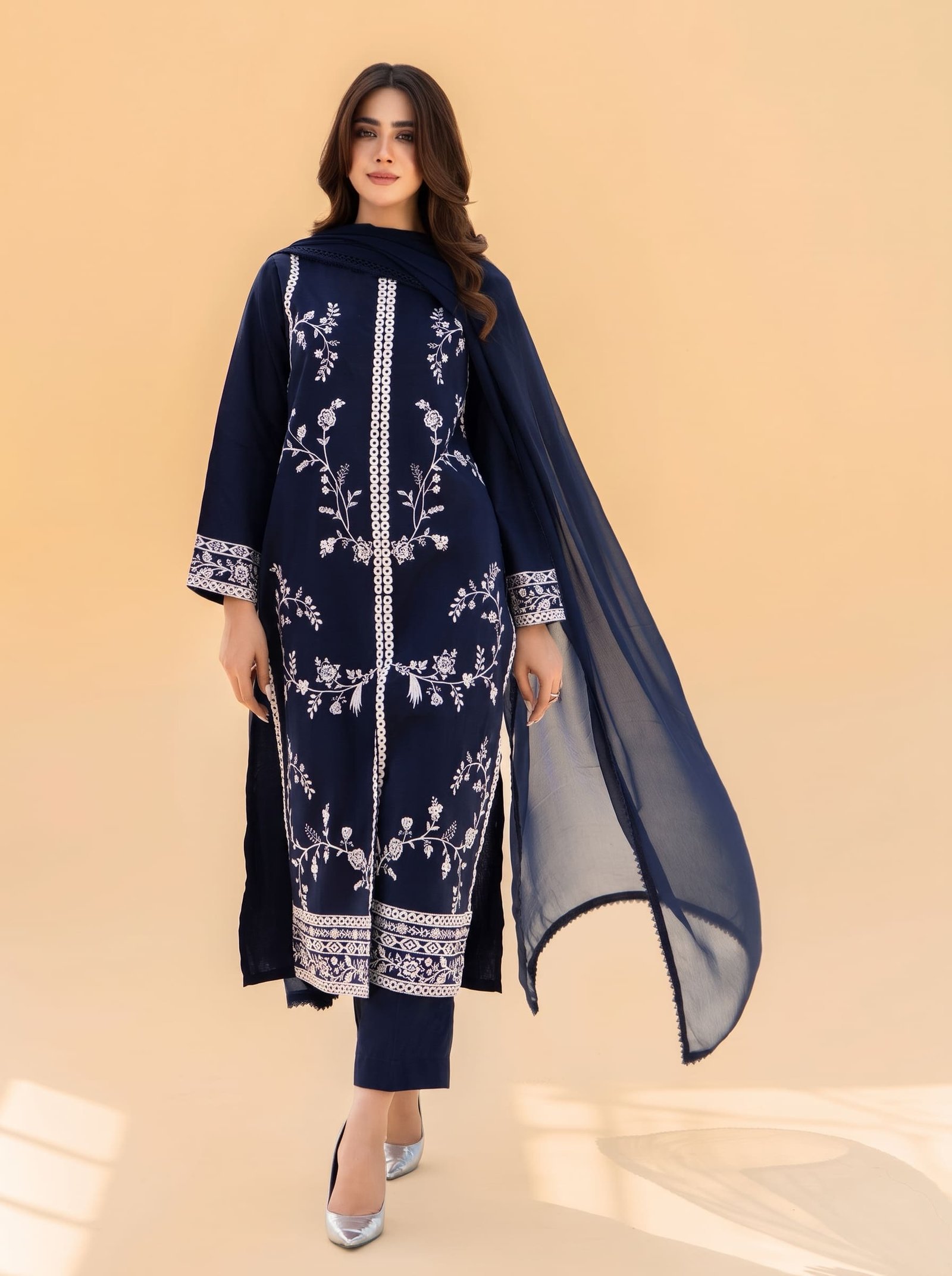 Cobalt Charm Pure Dhanak 3-Piece Embroidered Dress with Pashmina Wool Shawl Image 2