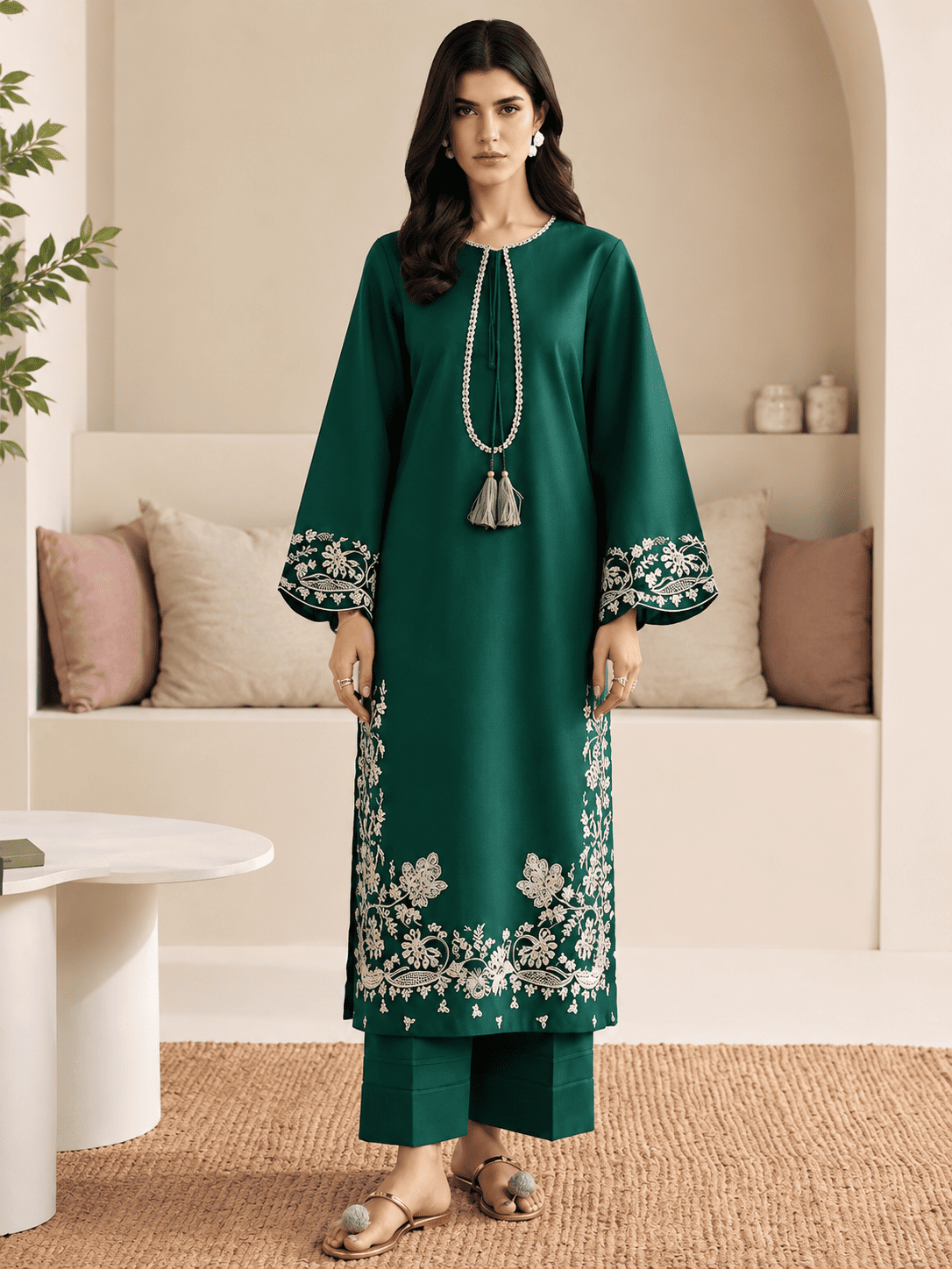 Forest Green Dhanak 2 Piece Embroidered Suit for Women | Embroidered Shirt & Trouser Winter Collection