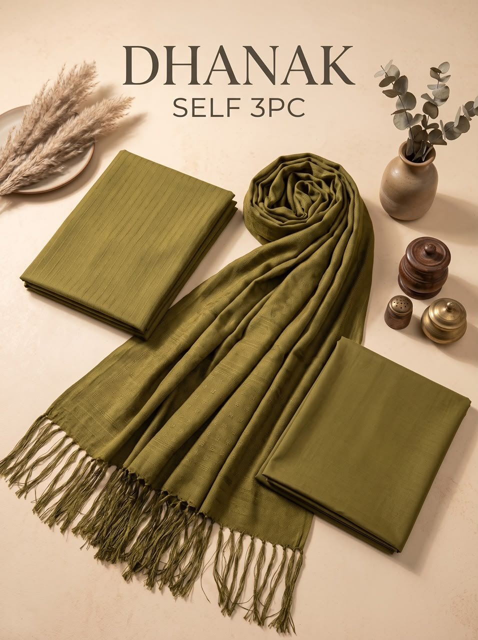 Olive Luxe Pure Dhanak 3-Piece Winter Suit with Fancy Shawl Image 2