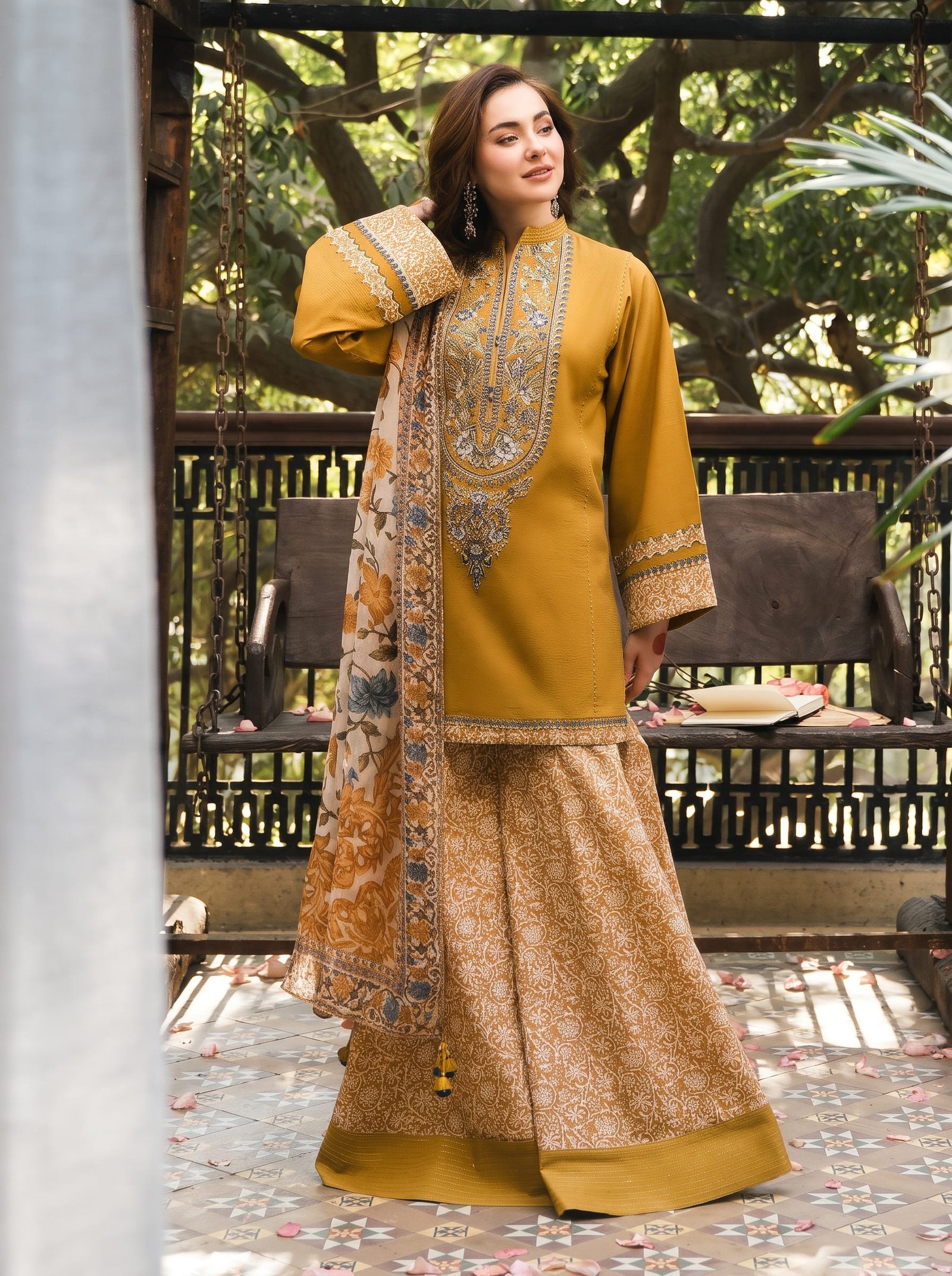 Amber Majesty Ethnic Pure Dhanak 3-Piece Embroidered Dress with Pashmina Wool Shawl